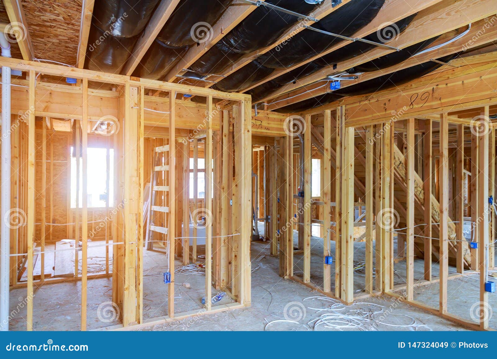 Interior Stick Built Frame Of A New House Under Construction