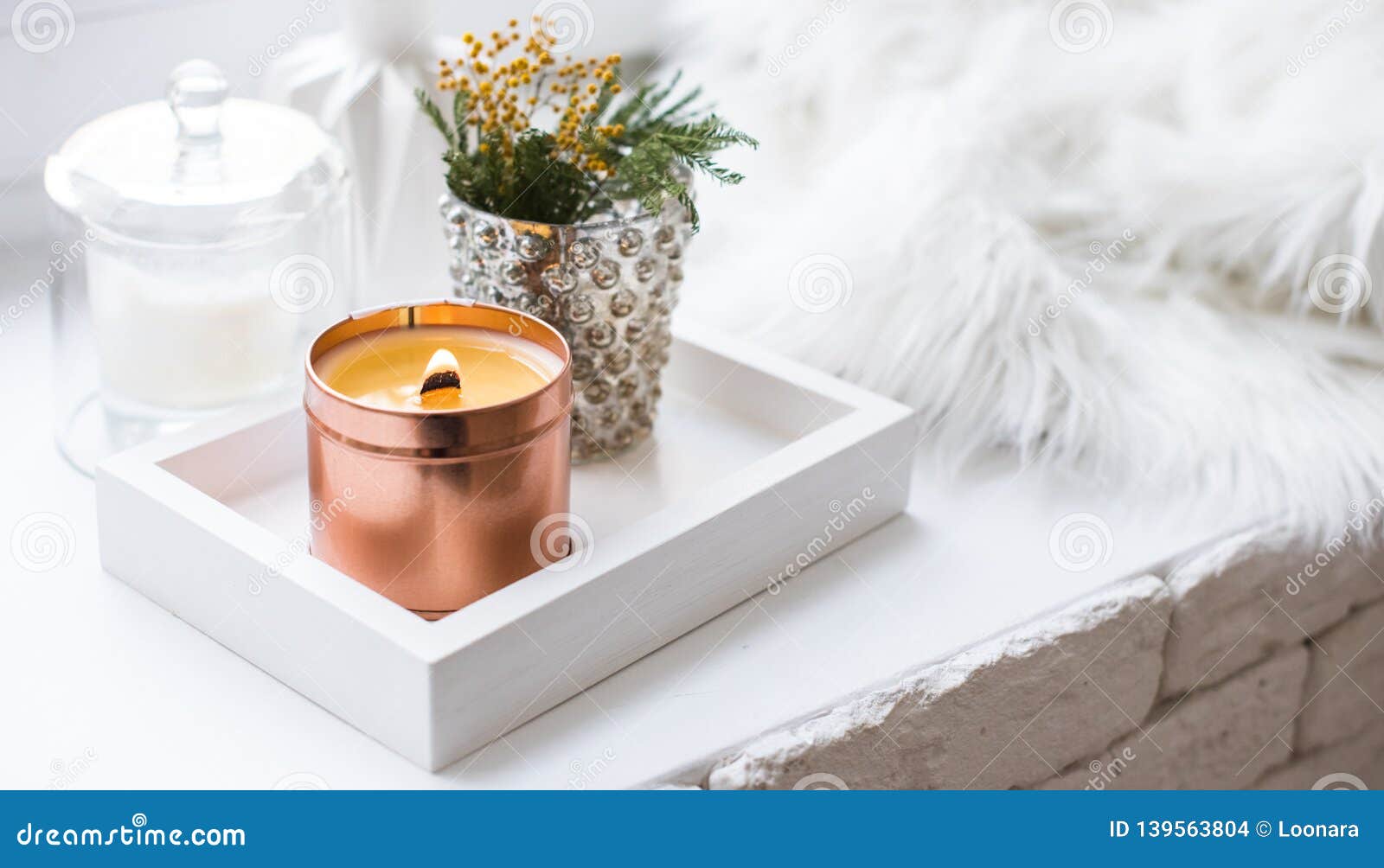 Interior Tray Decoration With Burning Candle Mimosa Flowers