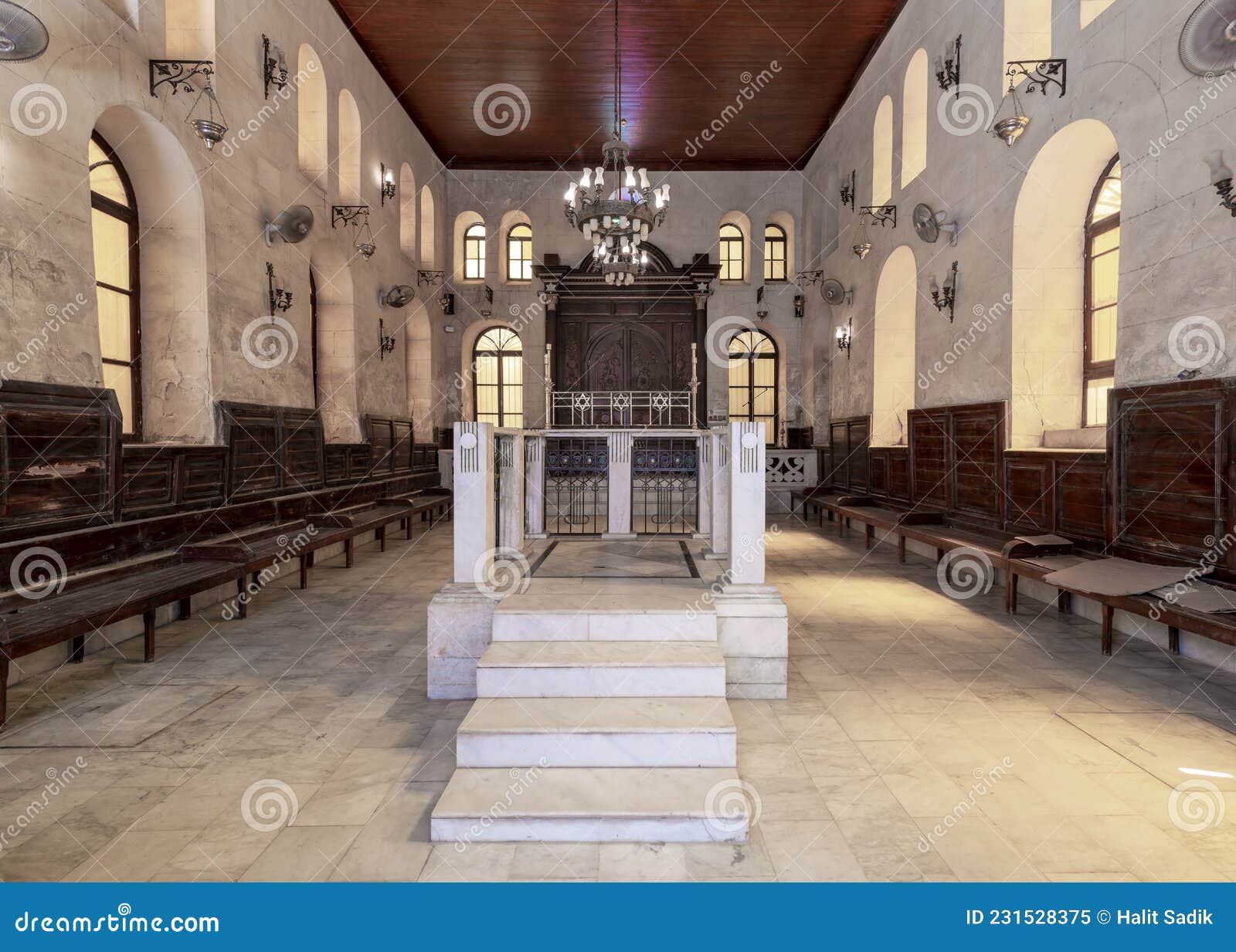 interior of historic jewish maimonides synagogue or rav moshe synagogue with altar in front, cairo egypt