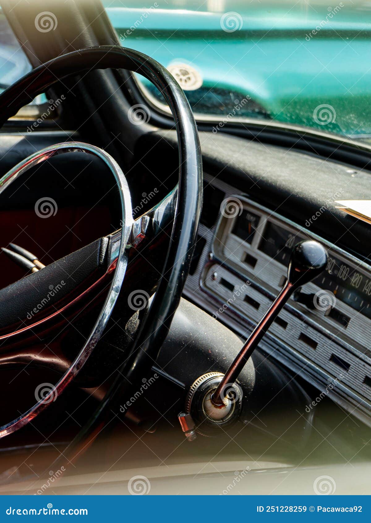 Interior View of Old Vintage Car. View on Dashboard of Classic Car