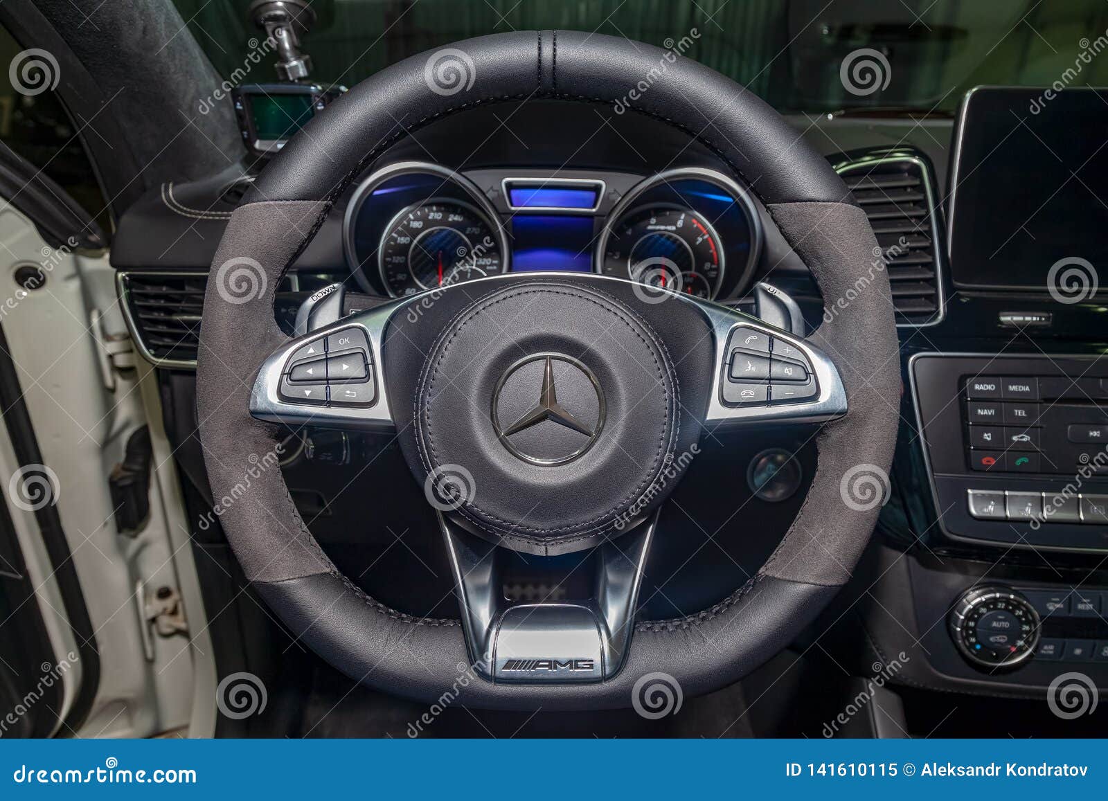 Interior View With Steeering Wheel And Dashboard Of Luxury Very Expensive New White Mercedes Benz Gle Coupe Amg 63s Car Stands In Editorial Image Image Of Black Drive