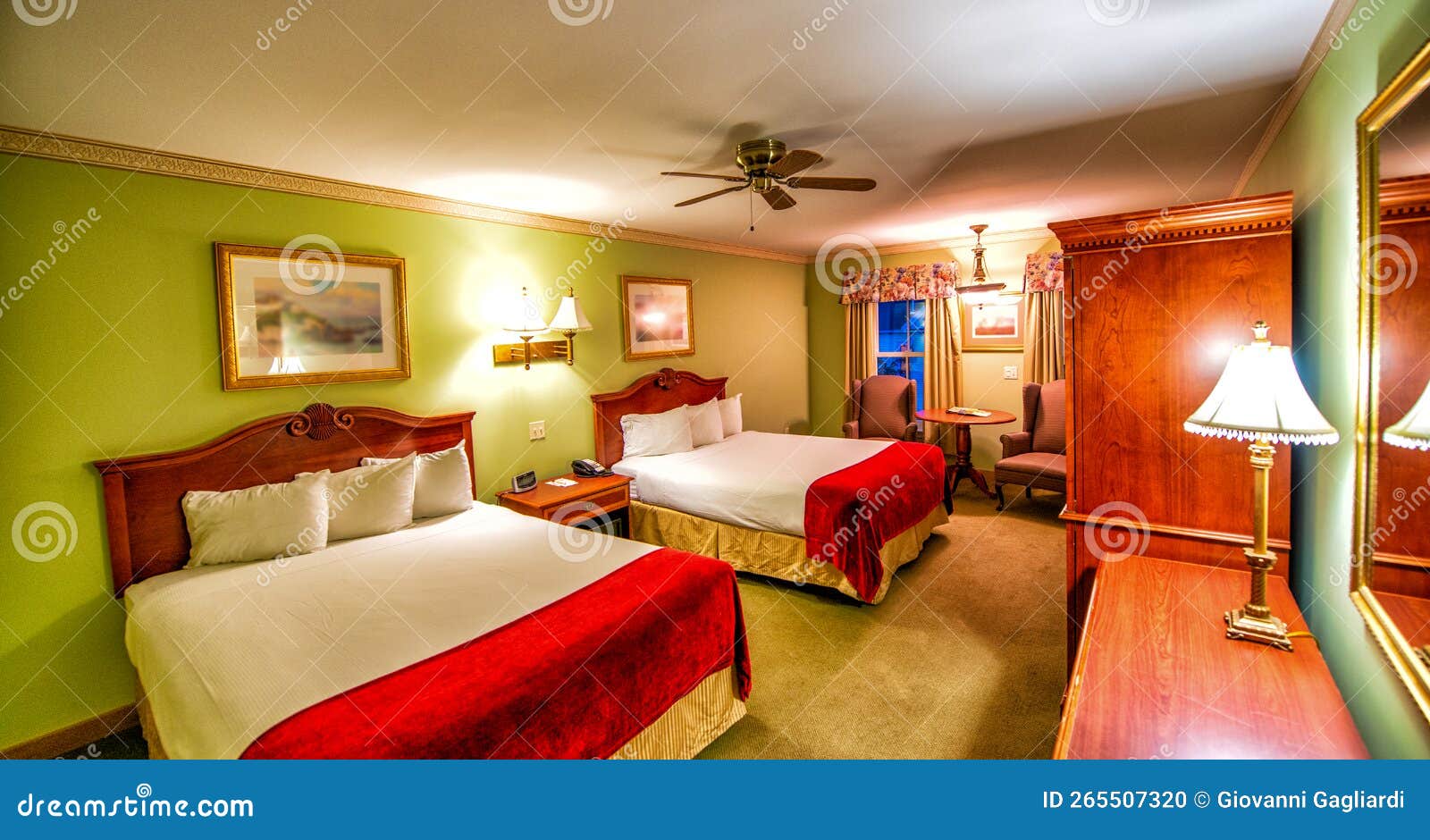 Interior of a Vintage Hotel Room with Two King Beds Stock Photo Image