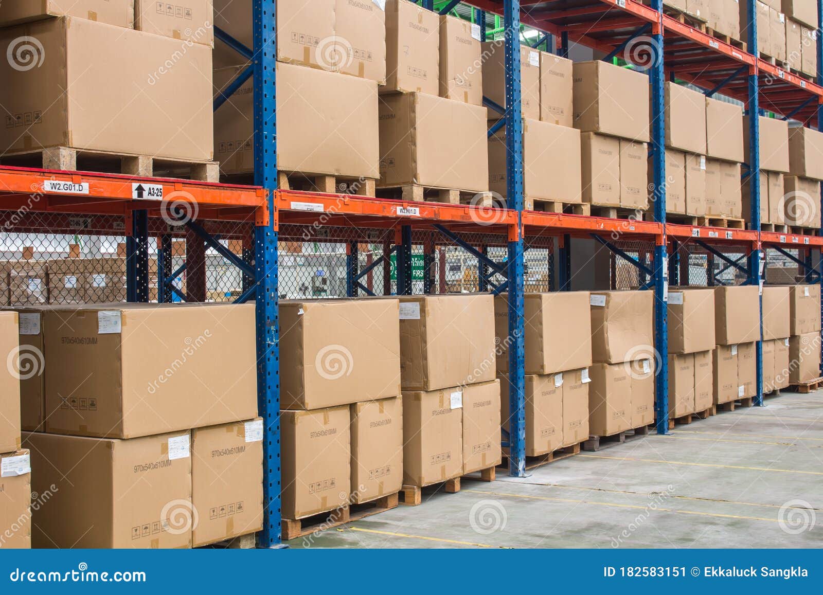 Interior of Warehouse. Rows of Shelves with Boxes Stock Image Image