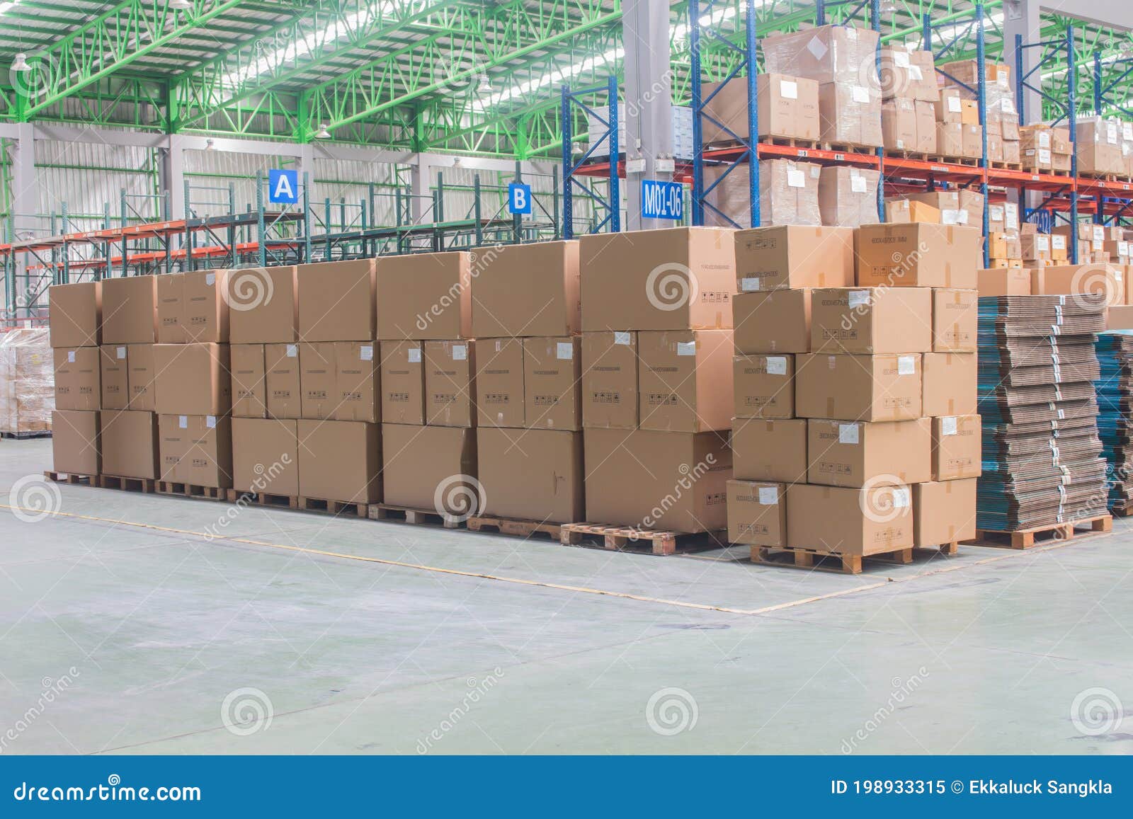 Interior of Warehouse. Rows of Shelves with Boxes Stock Image Image