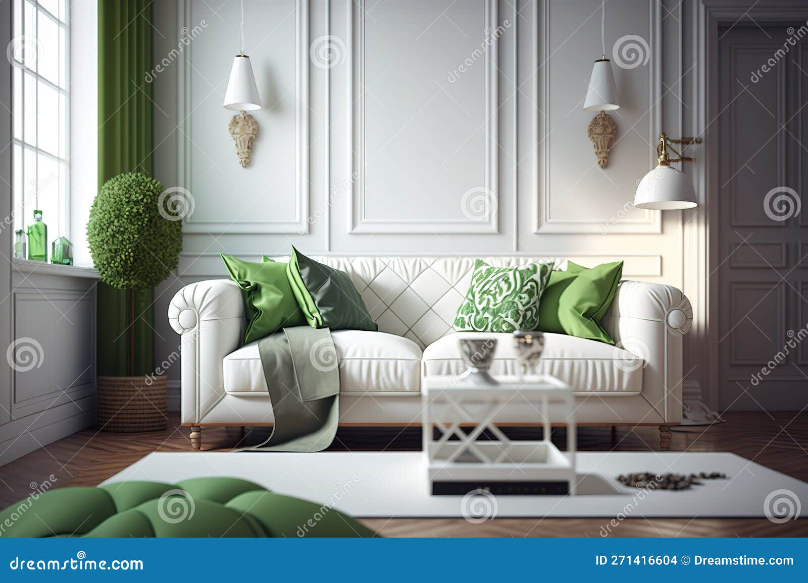 Interior with White Sofa and Green Pillows Stock Illustration