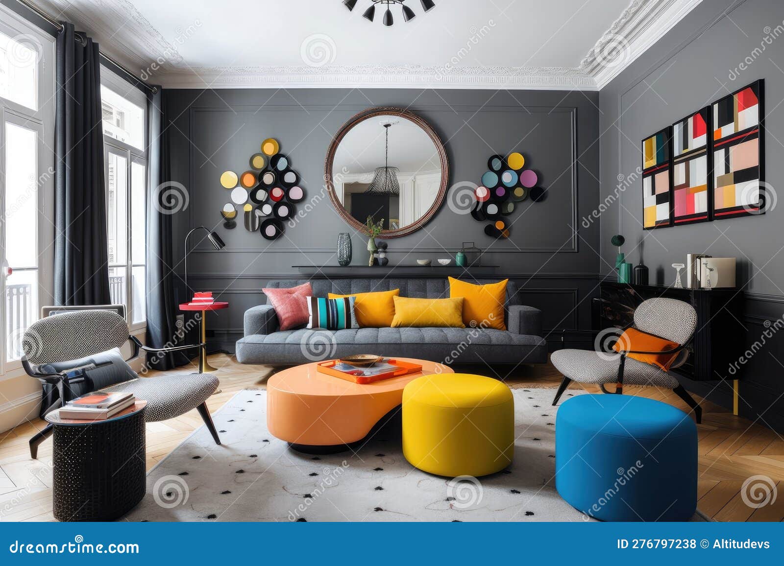 Interiors with Bold Color Schemes, Geometric Patterns, and Retro Flair