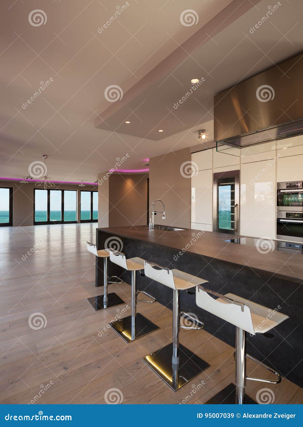 interiors of a modern apartment, kitchen with sea view
