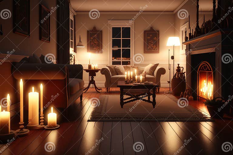 Interiorscape of Candlelit Living Room with Warm and Cozy Atmosphere ...