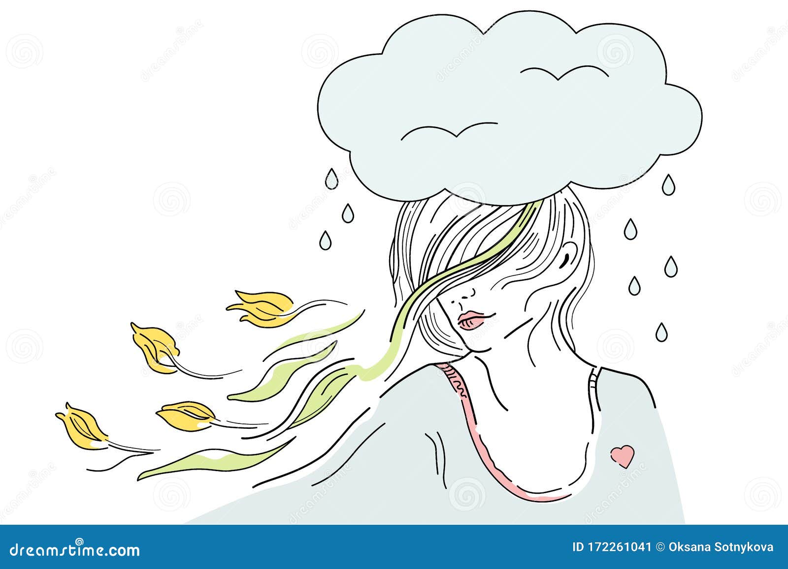 Illustration of Spring Depression, Girl in Bad Mood, Woman with Yellow