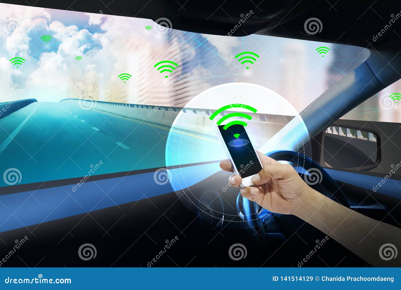 internal view and automatic self command driving with smartphone ,electric smart car technology.