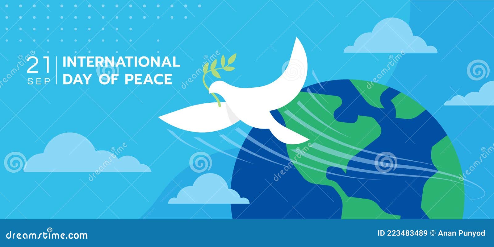 international day of peace the white peace dove flew from the globe on blue sky background  