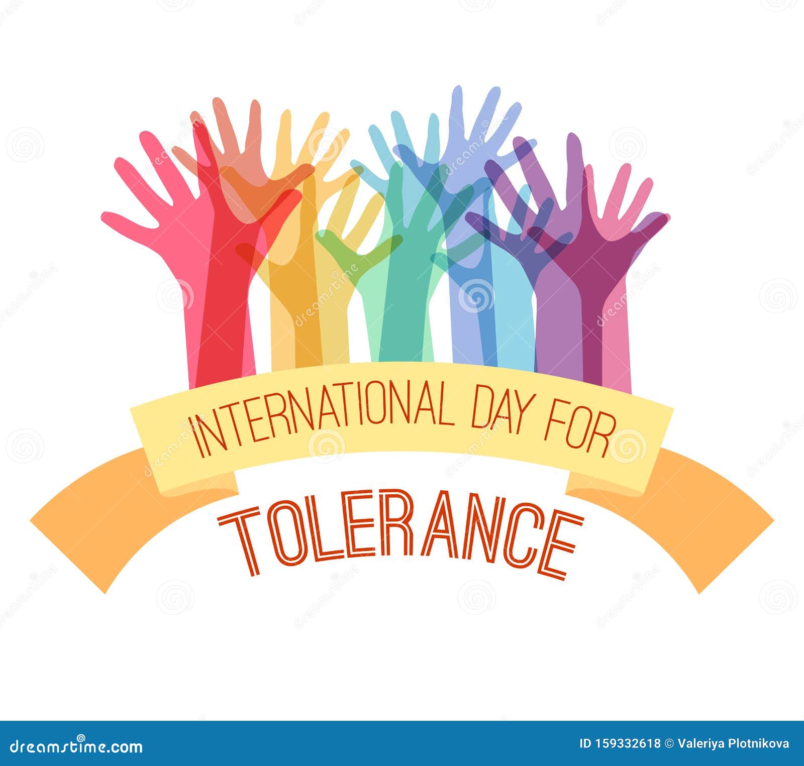 International Day of Tolerance. Rainbow Hands Up with a Greeting Ribbon
