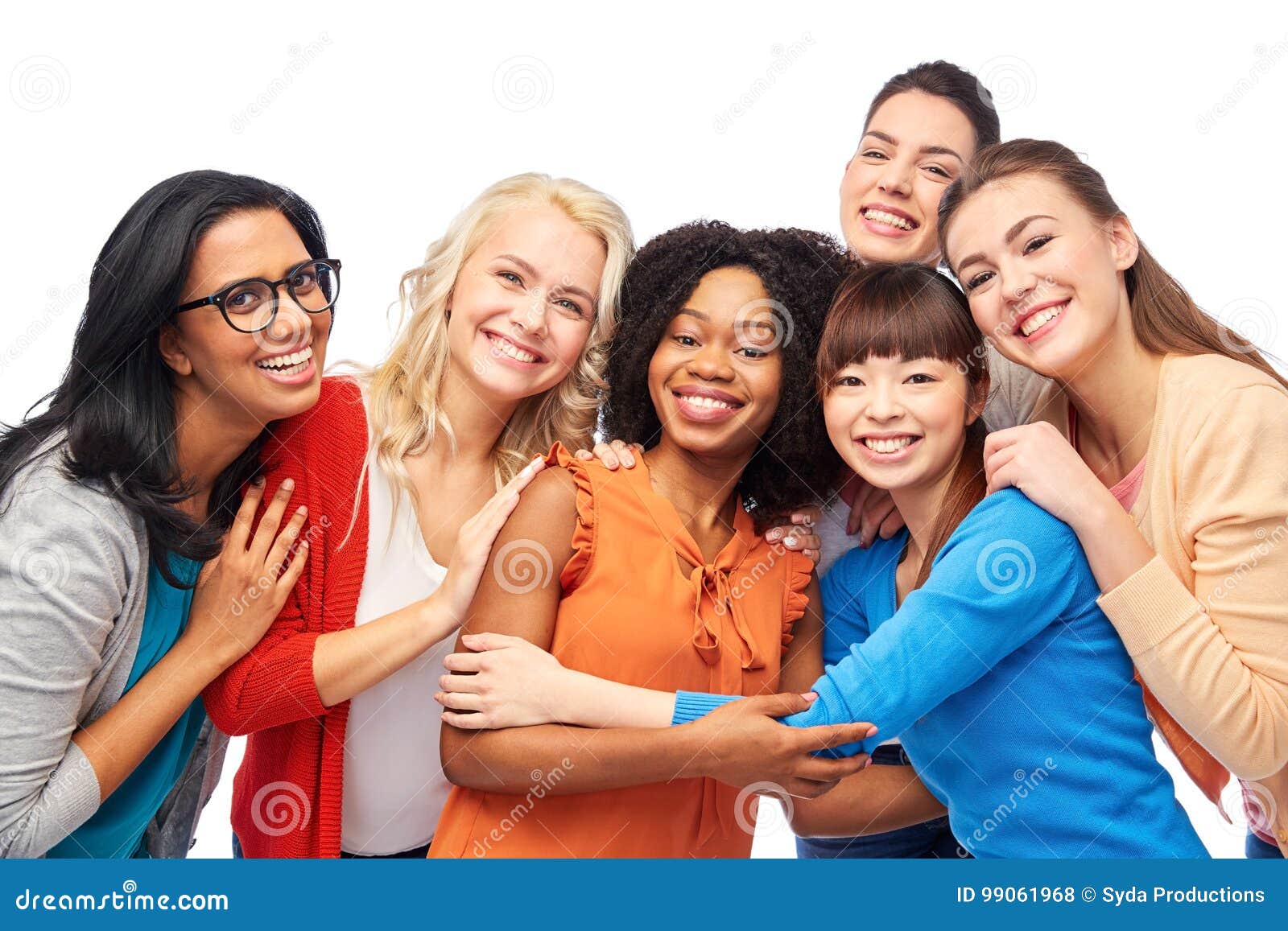 international group of happy women hugging