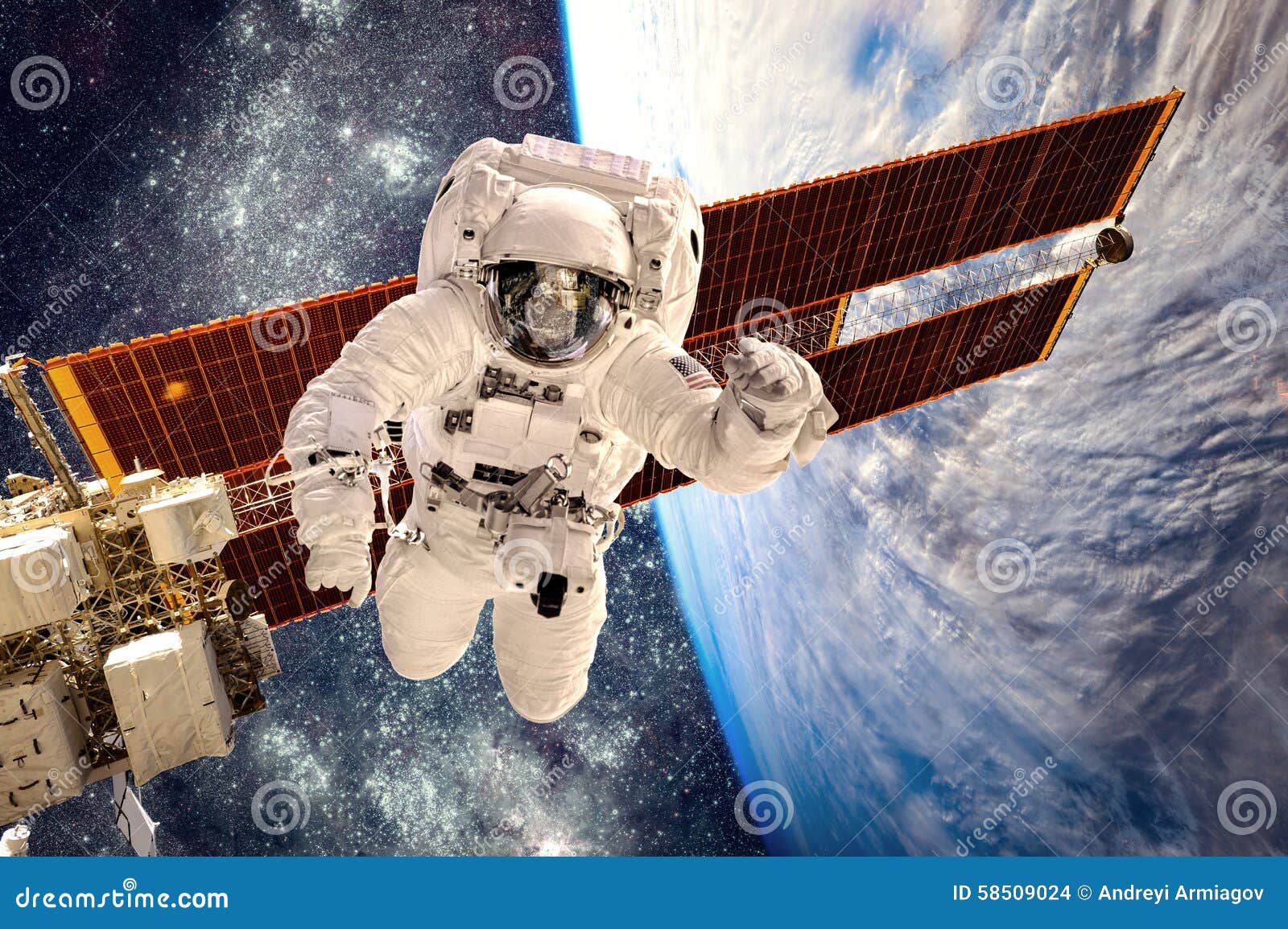 international space station and astronaut.