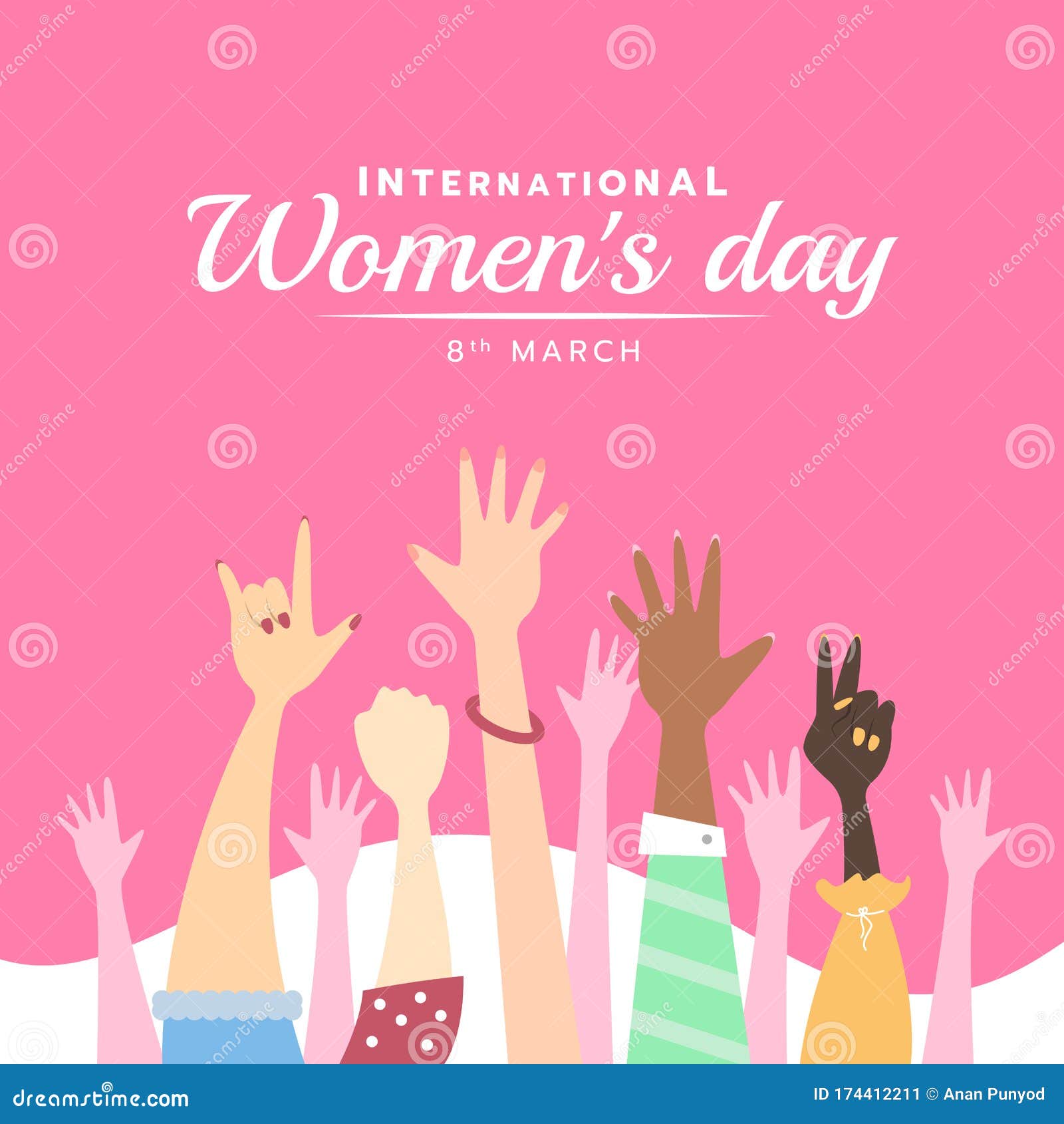 International Women Day Banner with Cute Hands Up Woman on Pink Background  Vector Design Stock Vector - Illustration of girl, hands: 174412211