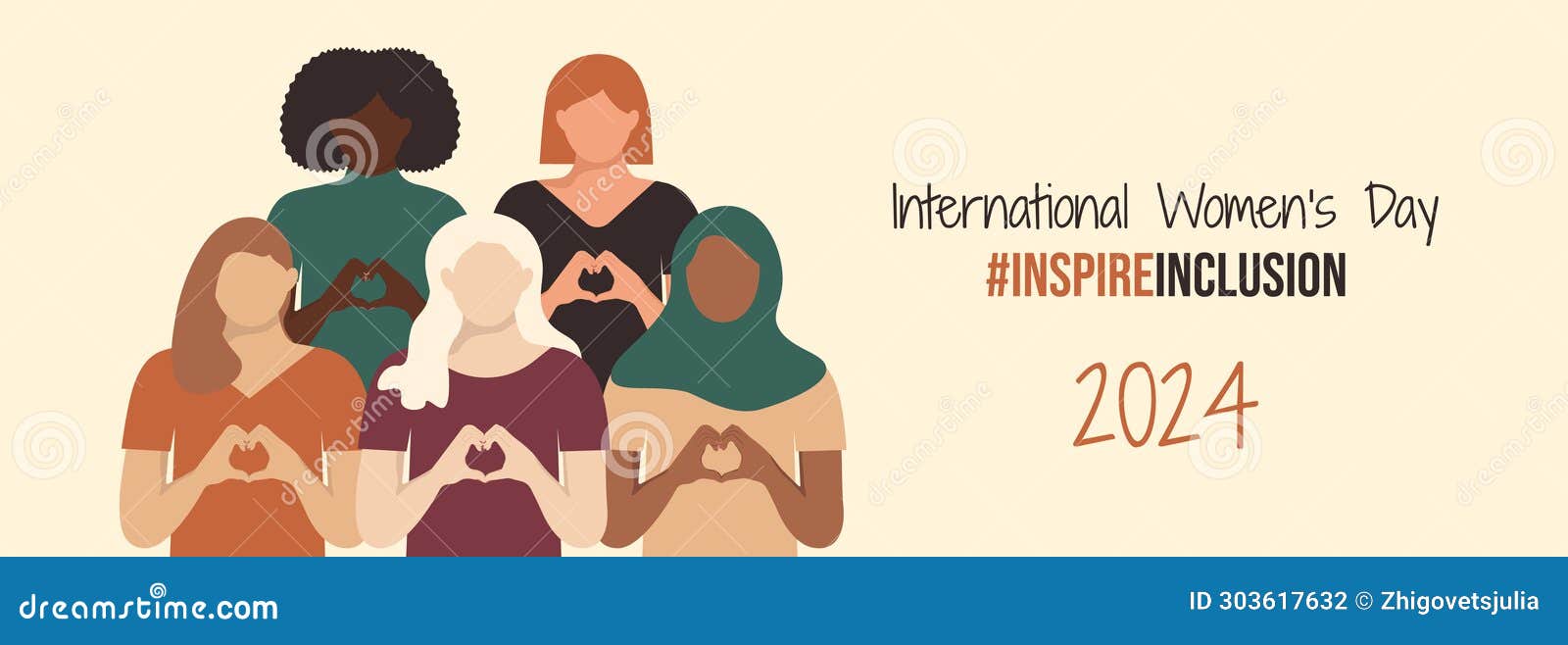international women's day banner 2024. iwd inspireinclusion horizontal  with girls shows heart  with their hands.