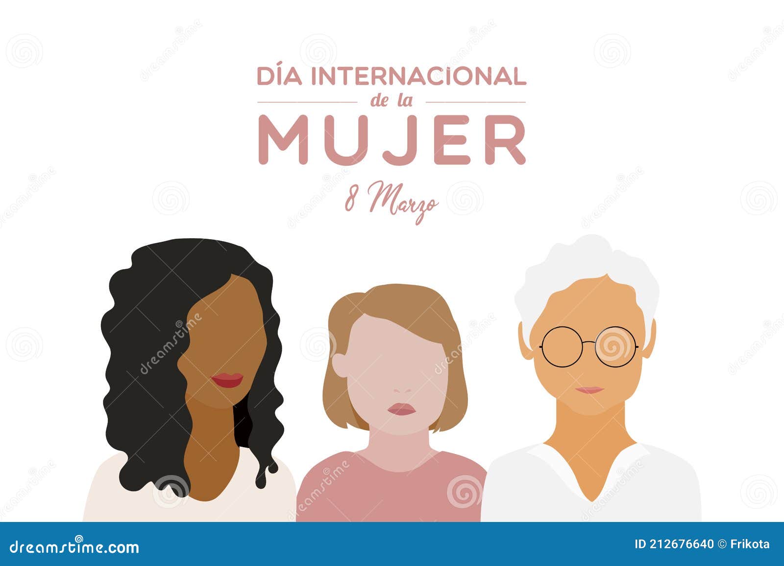 international women`s day. 8 march. spanish. dia internacional de la mujer. 8 marzo. three women together. multiracial. women of