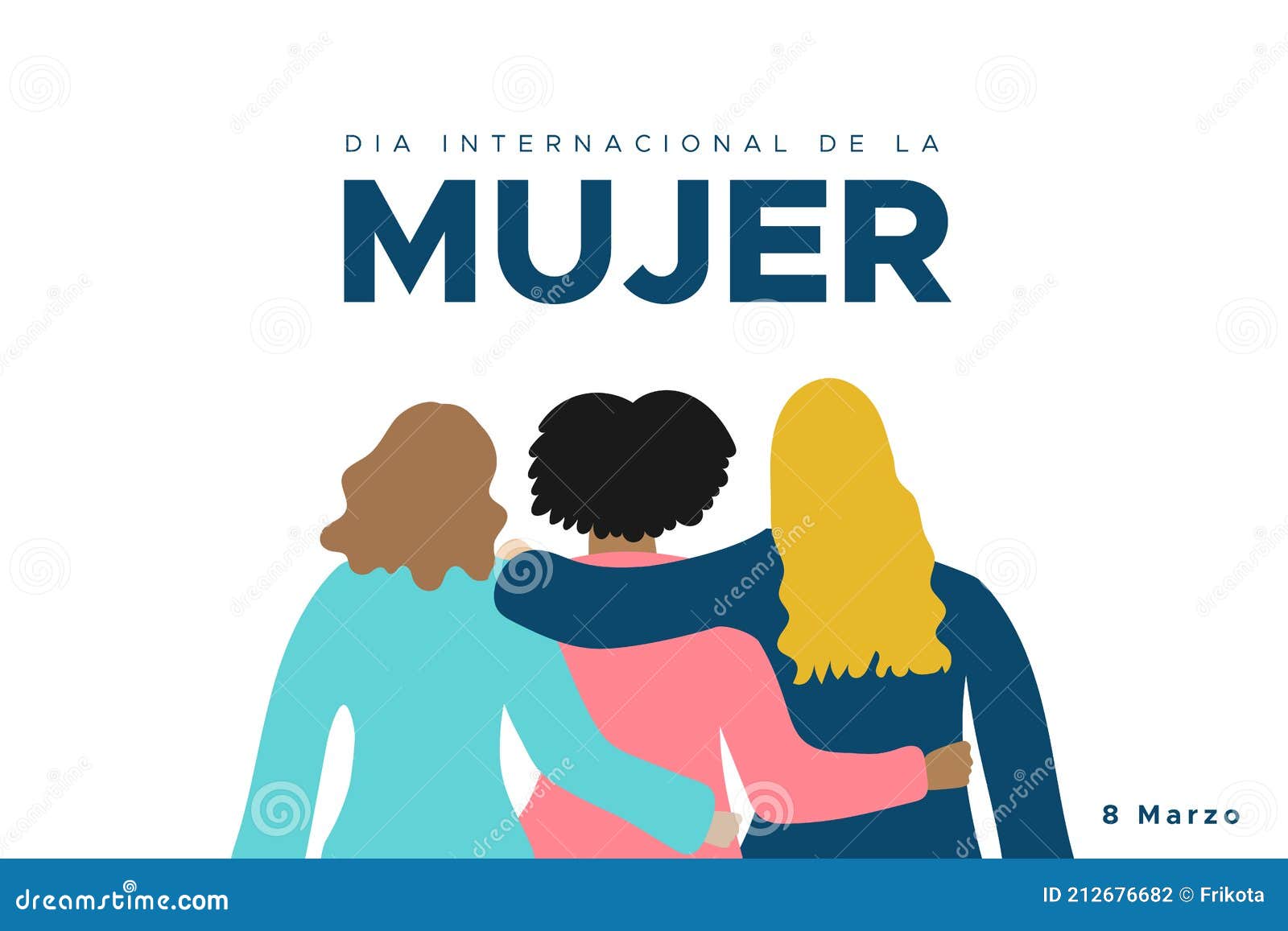 international women`s day. march 8. spanish. dia internacional de la mujer. 8 marzo. three women together hugging. concept of