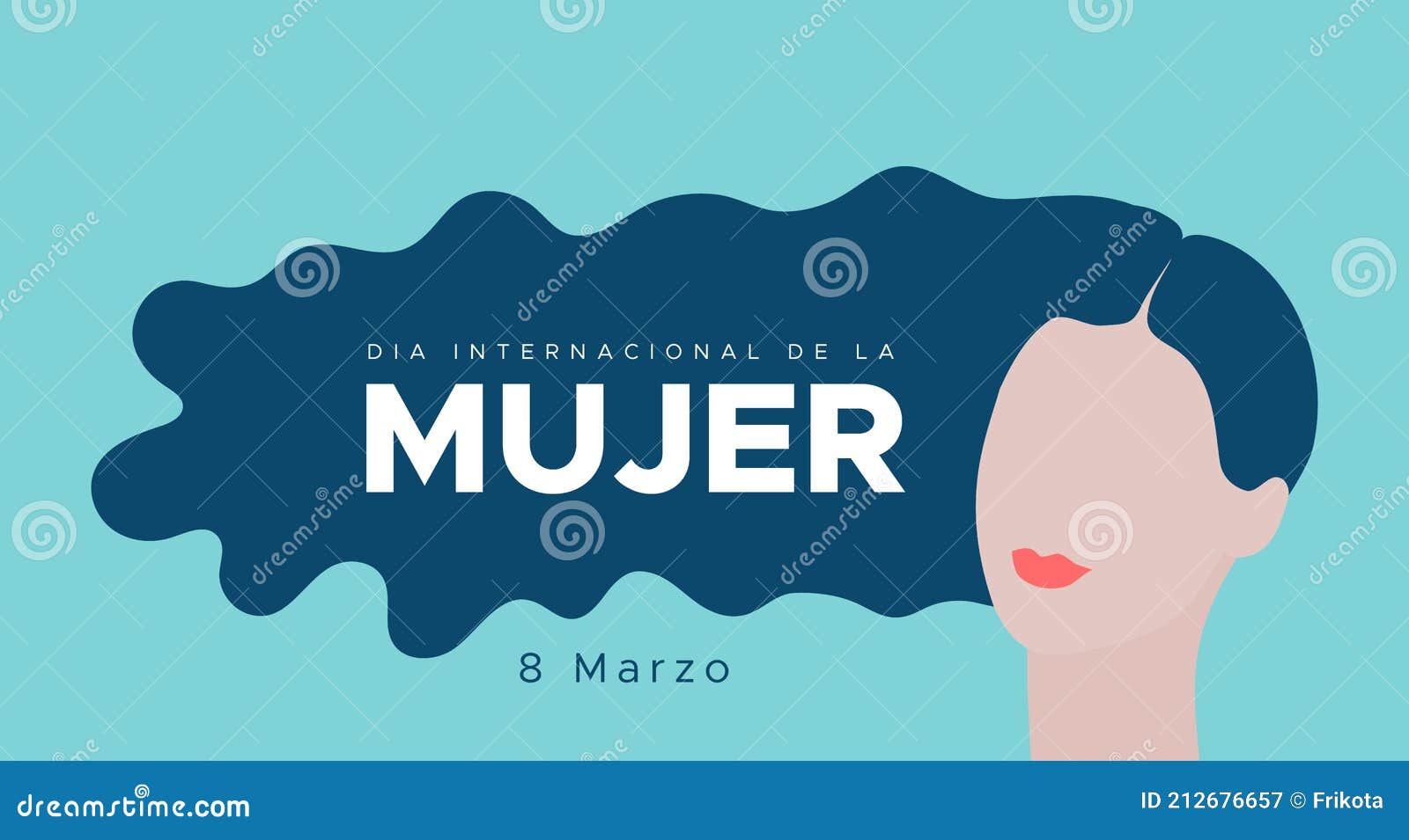international women`s day. march 8. spanish. dia internacional de la mujer. 8 marzo. woman portrait with long blue hair. concept
