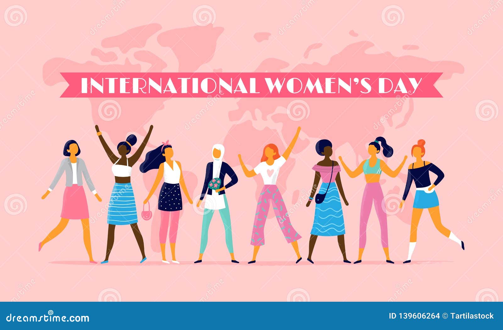 international womens day. celebrating eight march, sisterhood community and multinational female people  flat