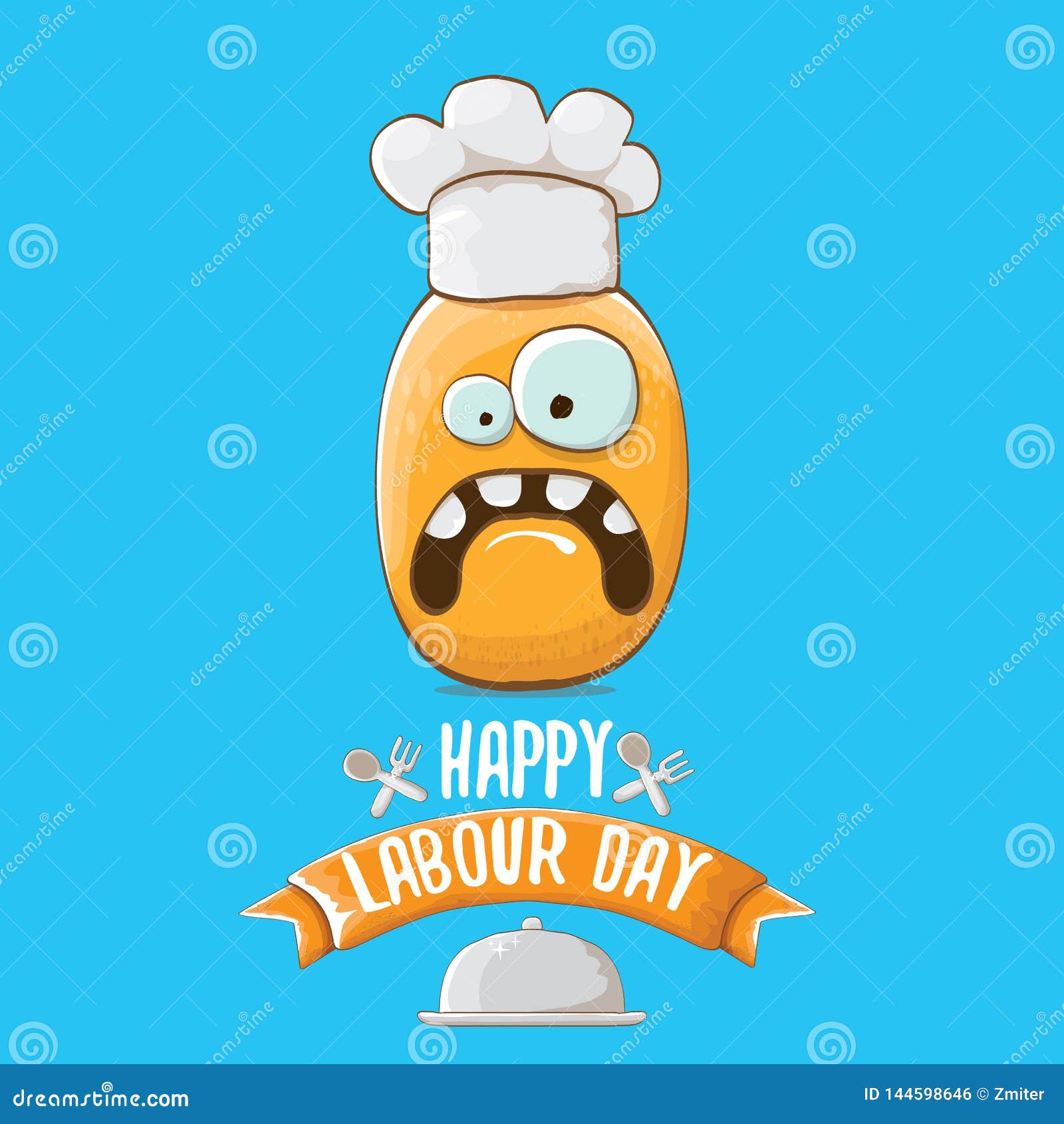 International Workers Day or Labour Day Greeting Card . Vector Funny  Cartoon Tiny Brown Smiling Chef Potato with Chef Stock Vector -  Illustration of design, label: 144598646