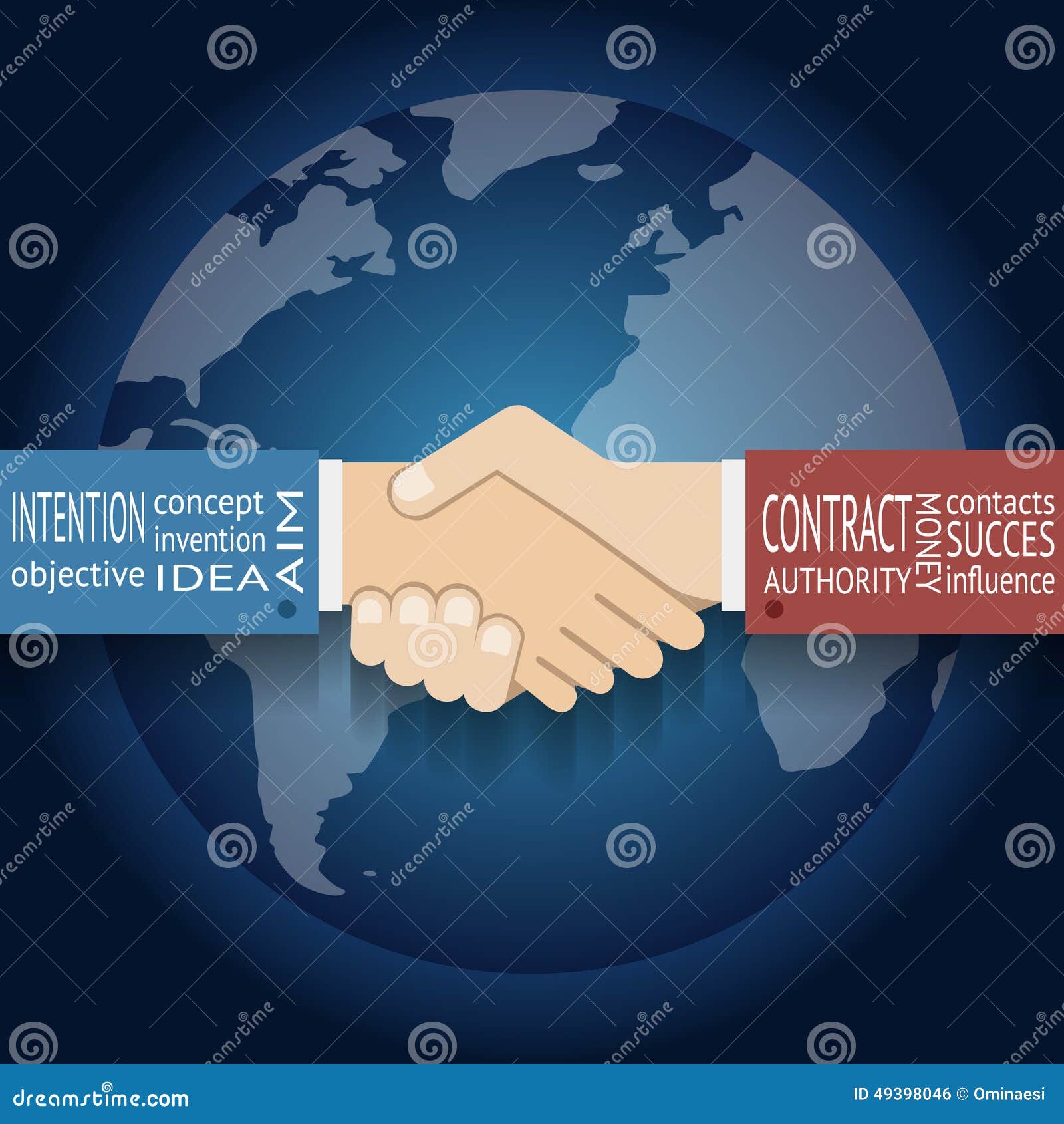 Internationaler Partnerschafts-Ikonen-Geschäftsmann-Handshake Symbol Globe-Weltkarte-Hintergrund-flache Design-Vektor-Illustration