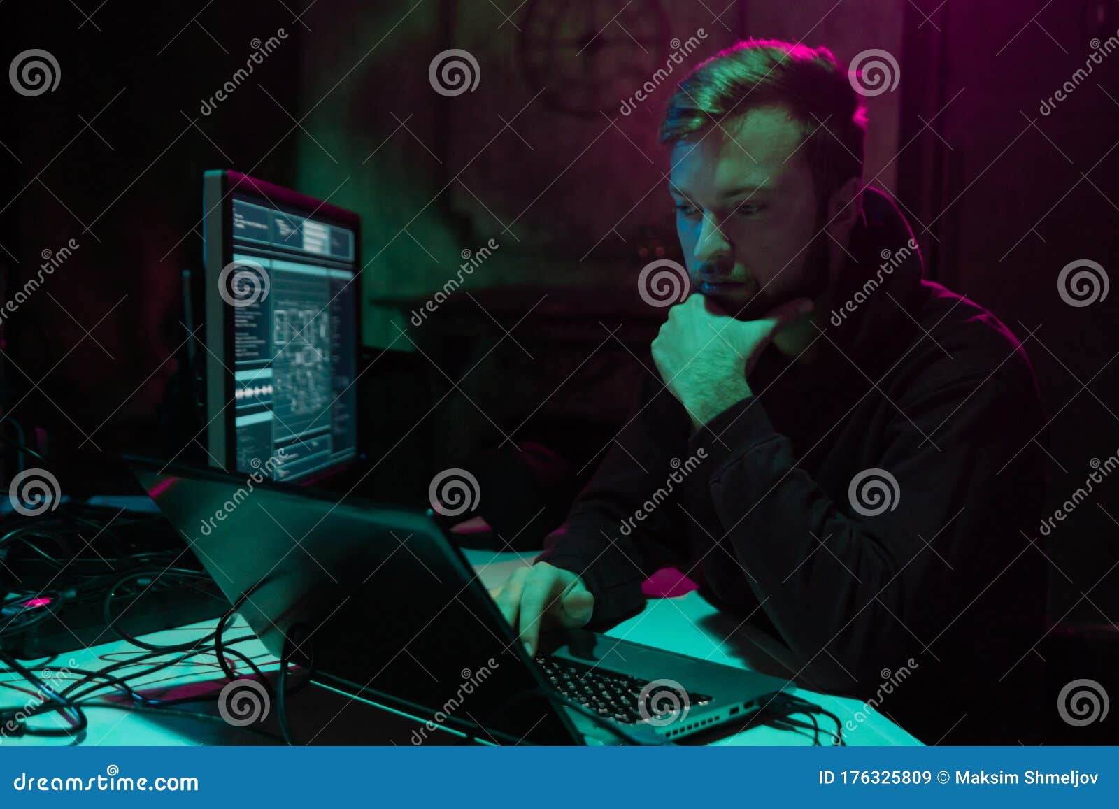 internet fraud, darknet, data thiefs, cybercrime. hacker attack on government server. dangerous criminals coding virus