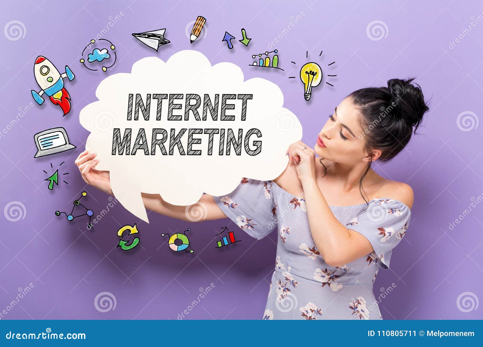 Internet Marketing with young woman holding a speech bubble