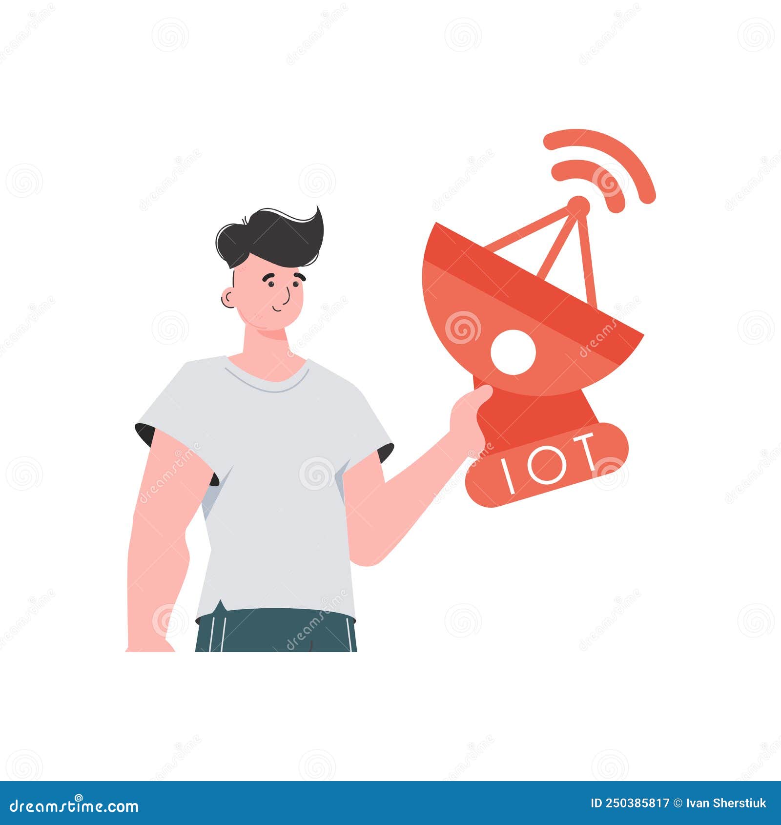of Things Concept. the Guy is Holding a Satellite Dish in His Hands. Isolated. Vector