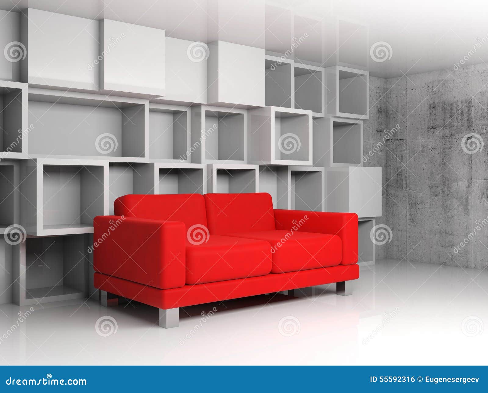 Interno astratto, scaffali cubici bianchi, sofà rosso 3d. Interno astratto, frammento della stanza con la decorazione cubica bianca degli scaffali sulla parete e sofà di cuoio rosso, illustrazione 3d