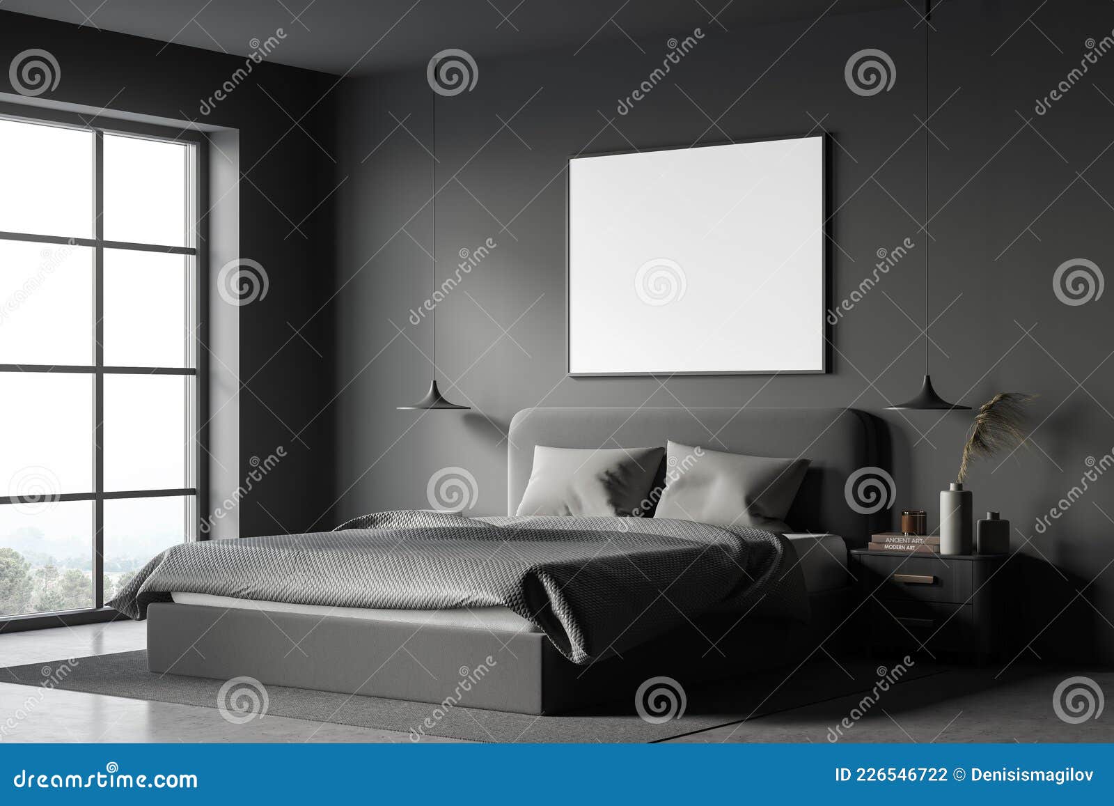 Interno Della Camera Oscura Con Poster Bianco Vuoto E Letto Grande  Illustrazione di Stock - Illustrazione di confortevole, base: 226546722