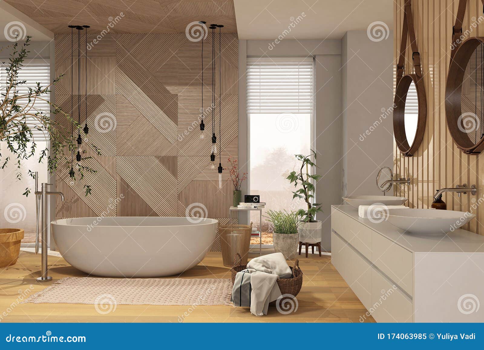 Interno Moderno Del Bagno Con La Decorazione Di Legno in Stile Eco