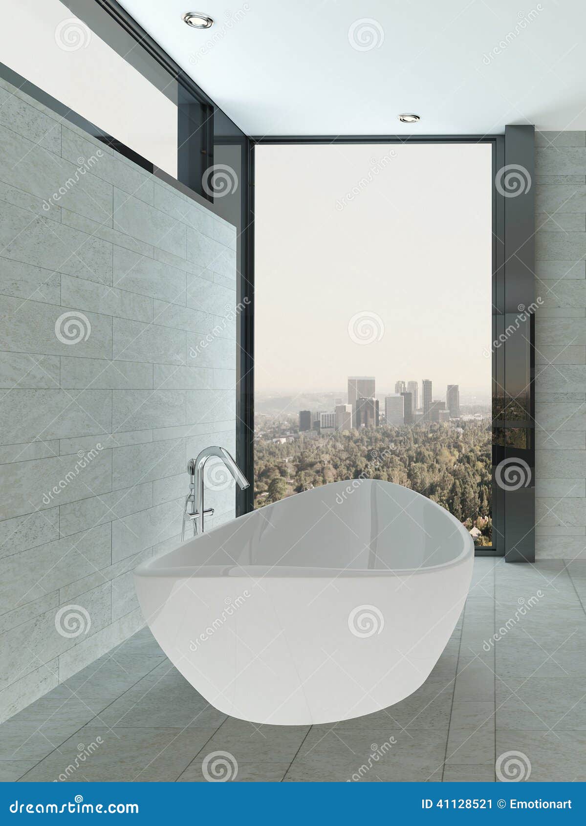 Interno moderno del bagno con la parete di pietra ed il pavimento ... Pavimento moderno