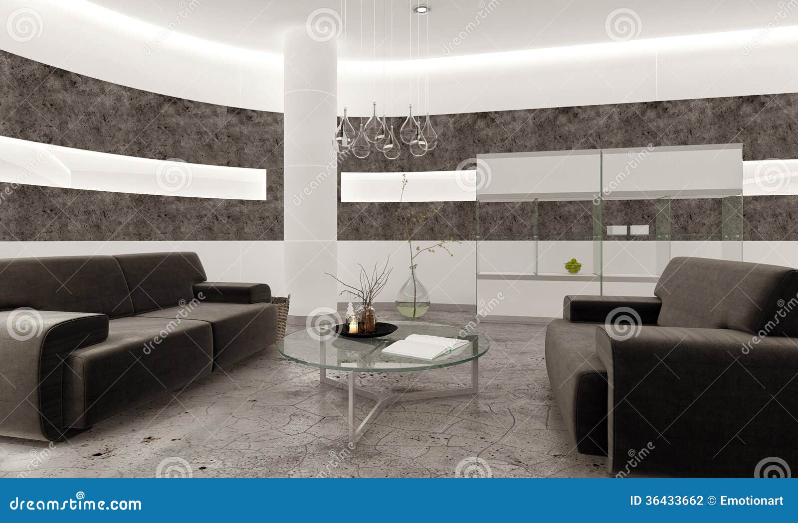 Interno moderno del salone con la parete di pietra nera ...