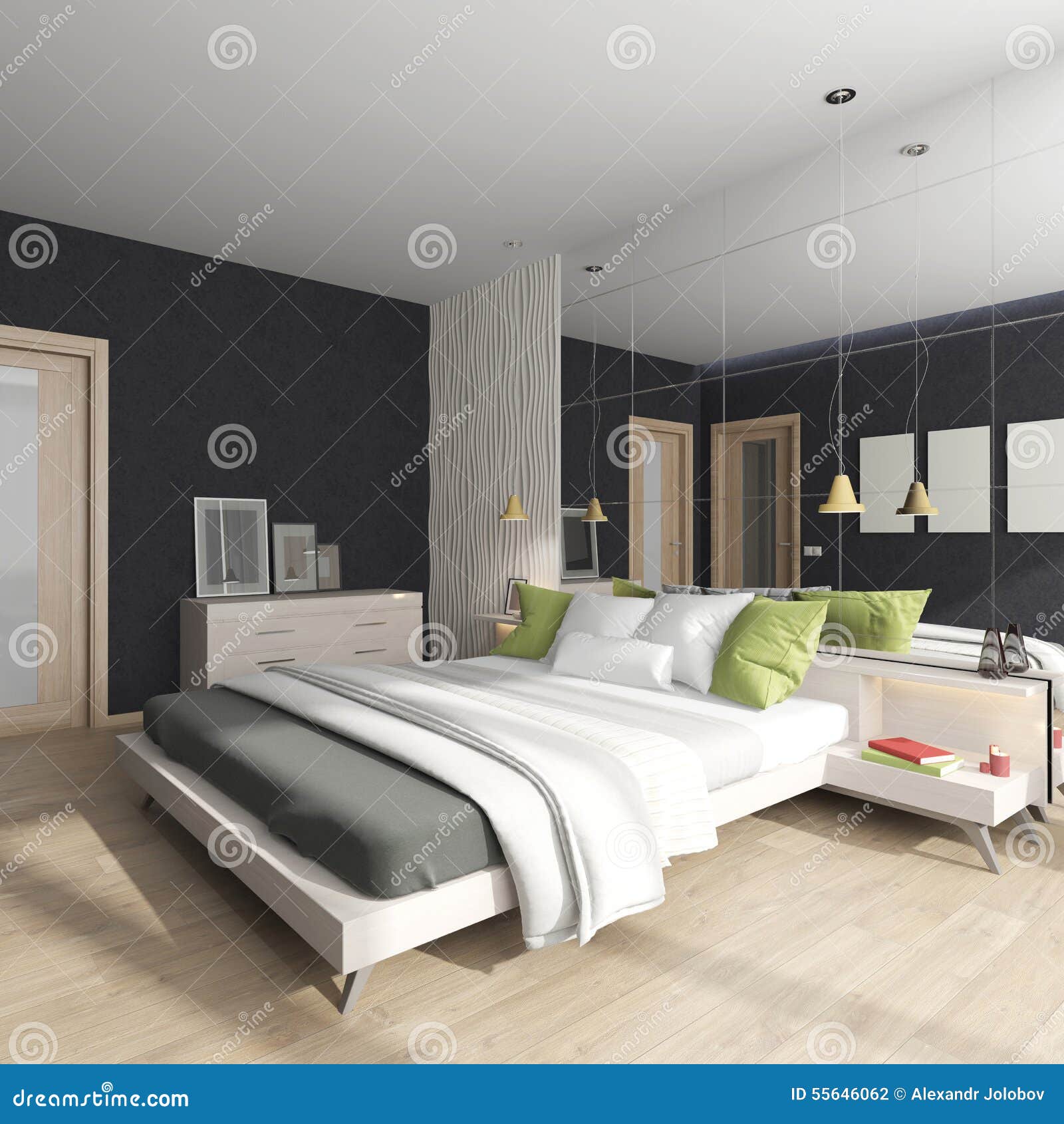 Interno moderno di una camera da letto con uno specchio sulla ...