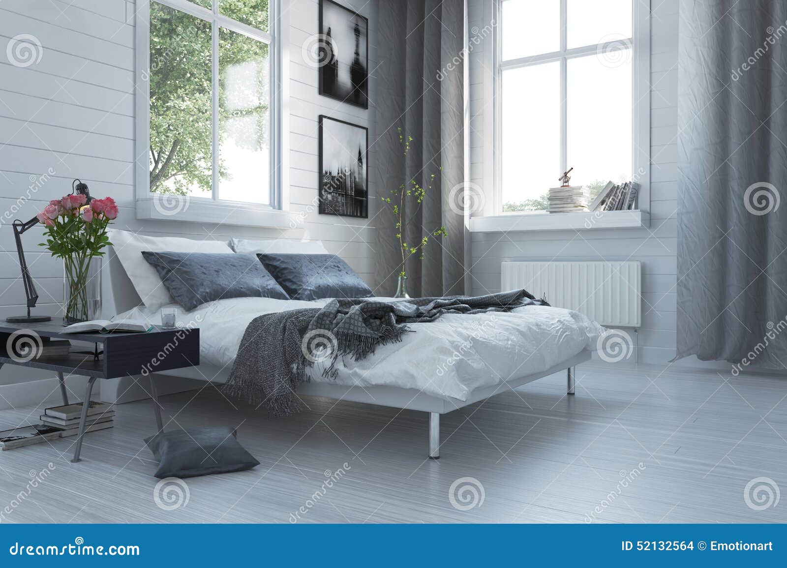 Interno moderno della camera da letto con la tenda verde ...