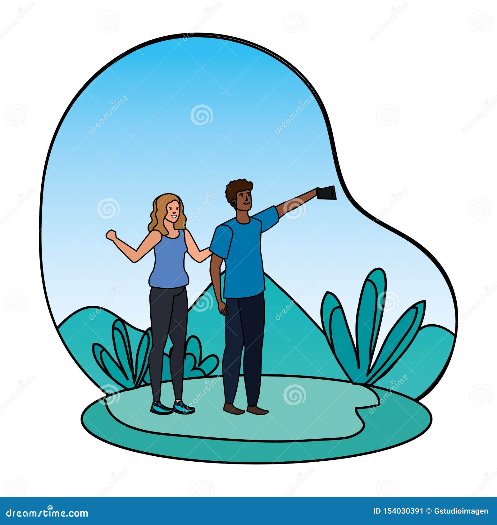 Interracial Lovers Couple Taking A Selfie In The Camp Stock Illustration Illustration Of