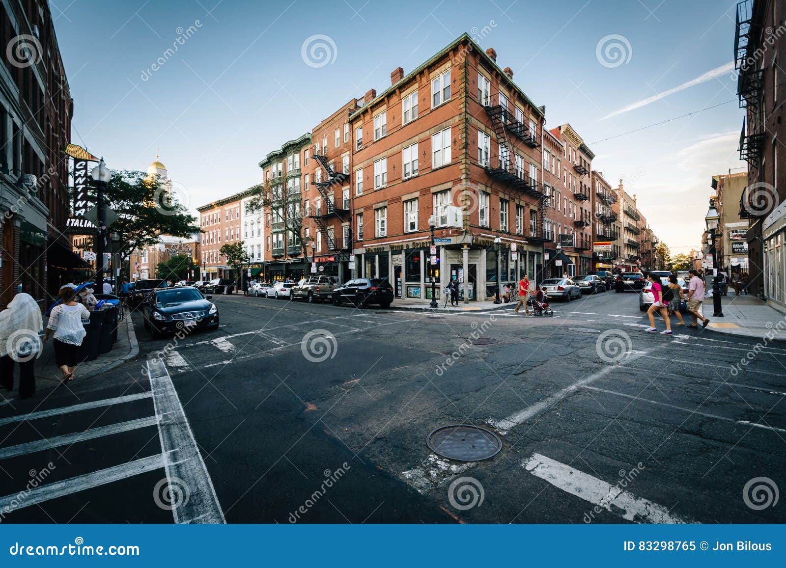 Intersection and Historic Buildings in the North End of Boston