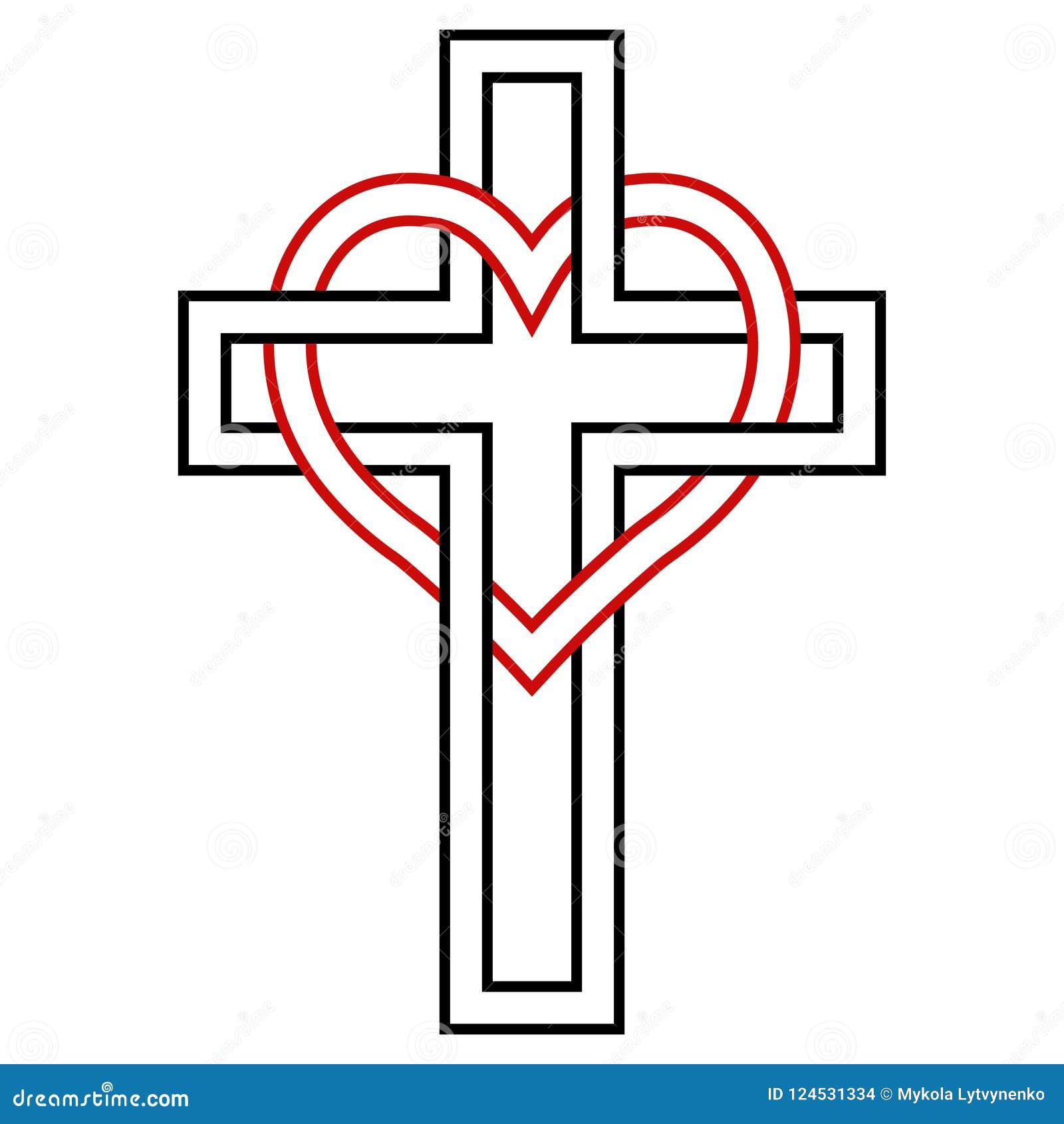 Intertwining of the Heart and Christian Cross, Vector Symbol of