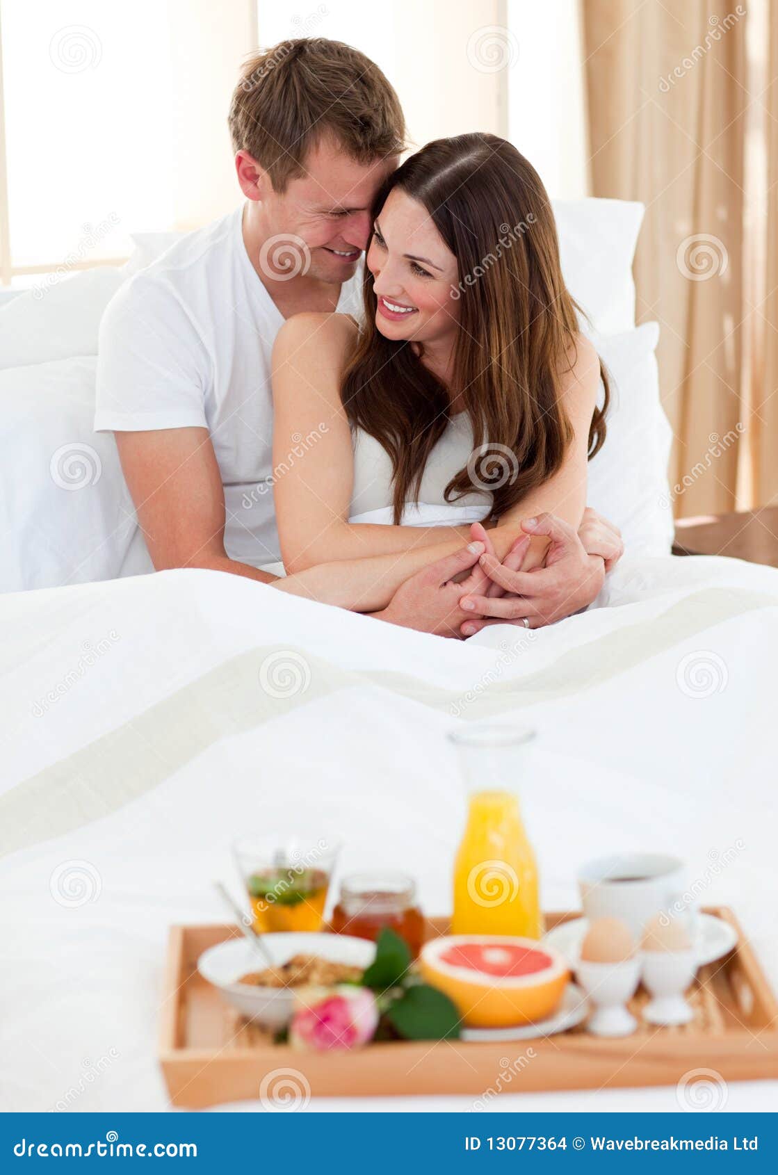 Intimate Couple Having Breakfast Lying in Bed Stock Photo Image of juice, home 13077364