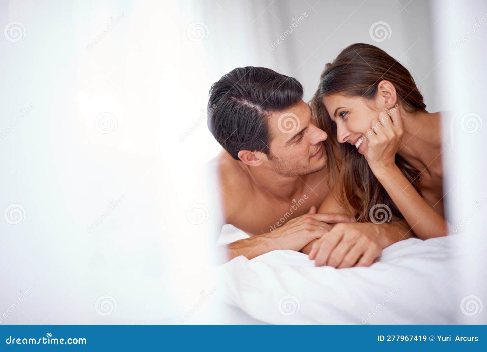 Intimate, Love and Couple in the Bedroom for Conversation, Relaxing and Honeymoon in a Hotel