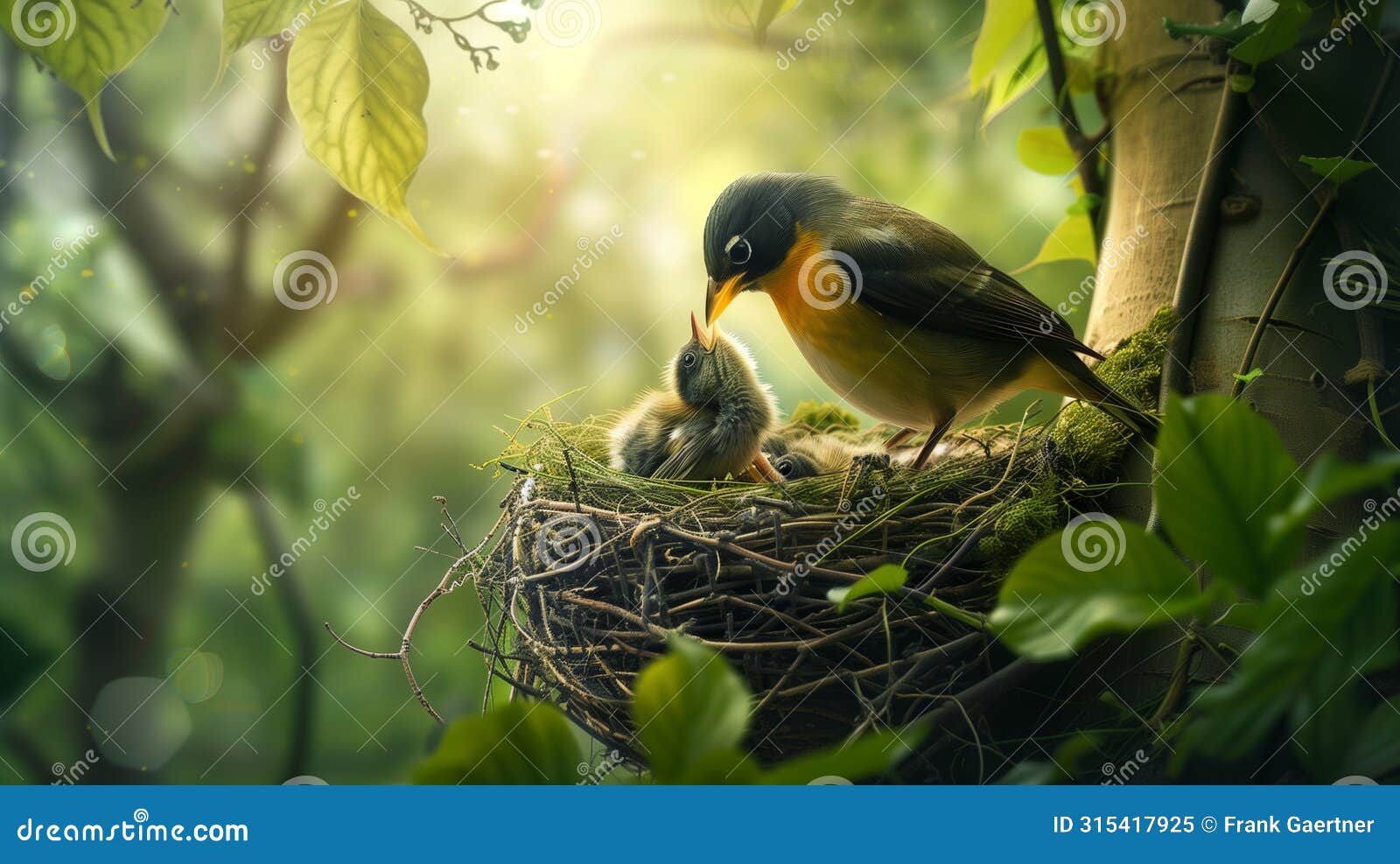 intimate moment of a mother bird nourishing her newborns in the warmth of sunrise