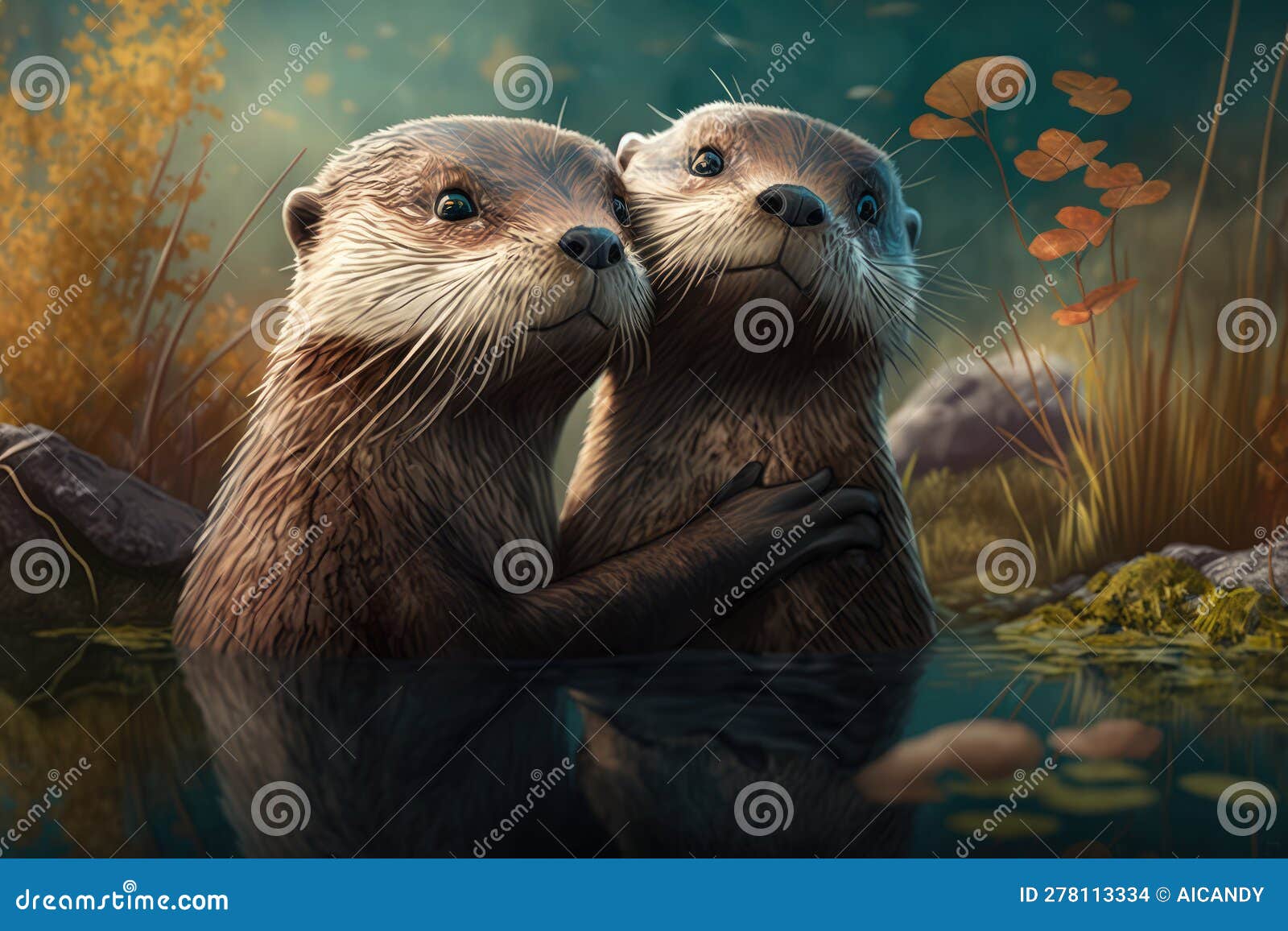 Intimate Moment of Two Loving Otters Grooming Each Other S Fur with a ...