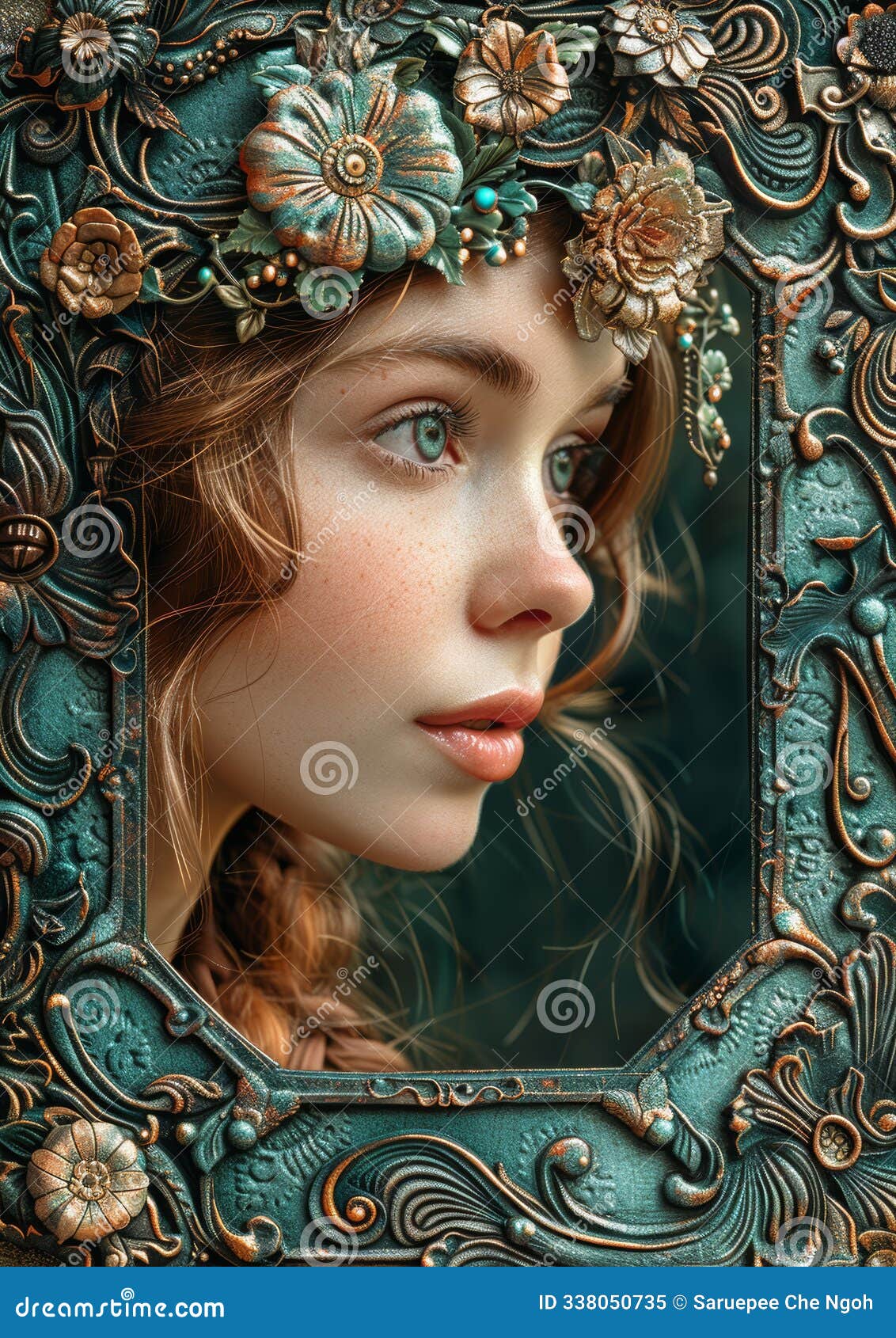 intricate collage art of a young woman with floral and ornamental frame in vintage style