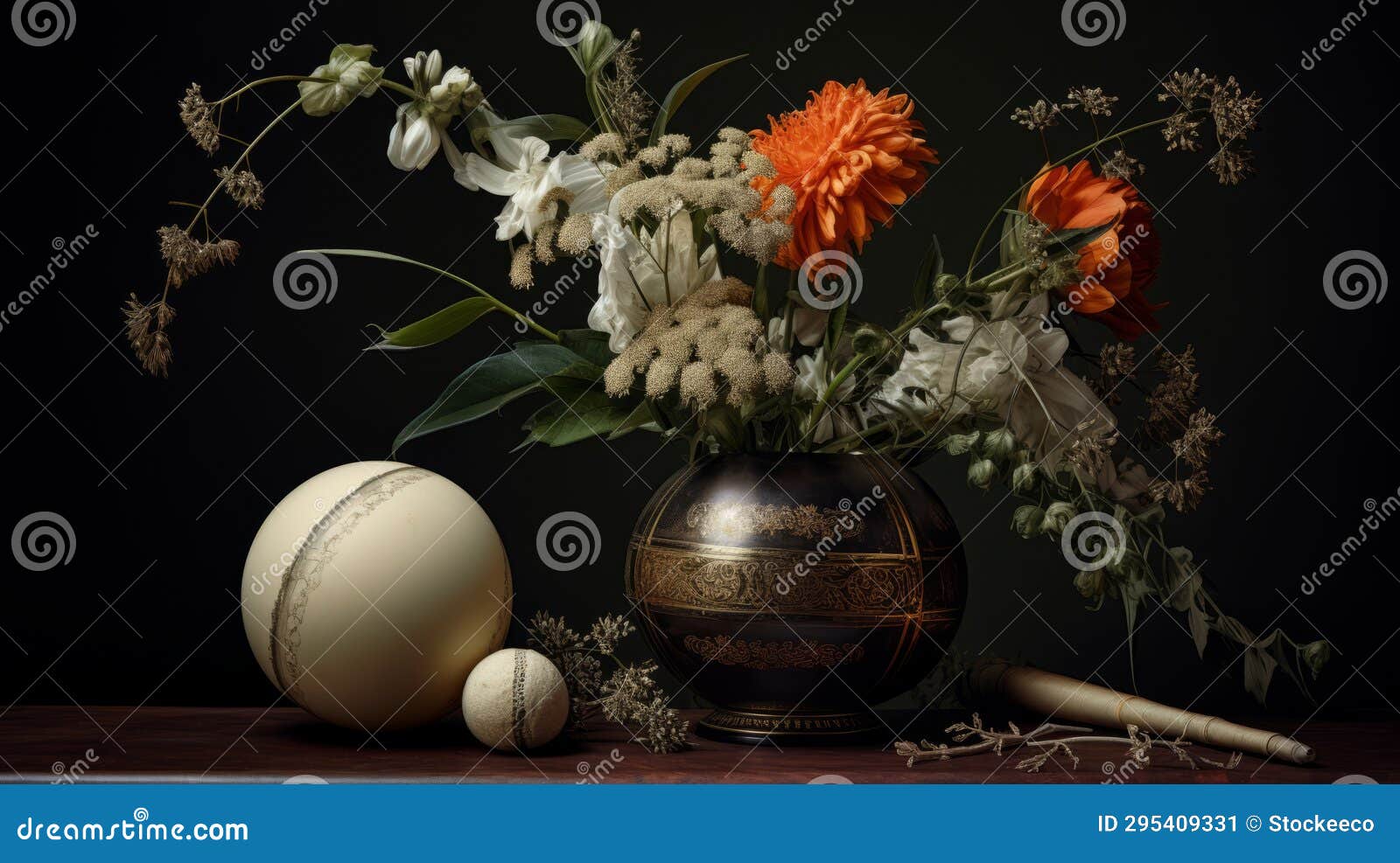 Intricate Composition of White Flowers and Gold Vase Stock Illustration