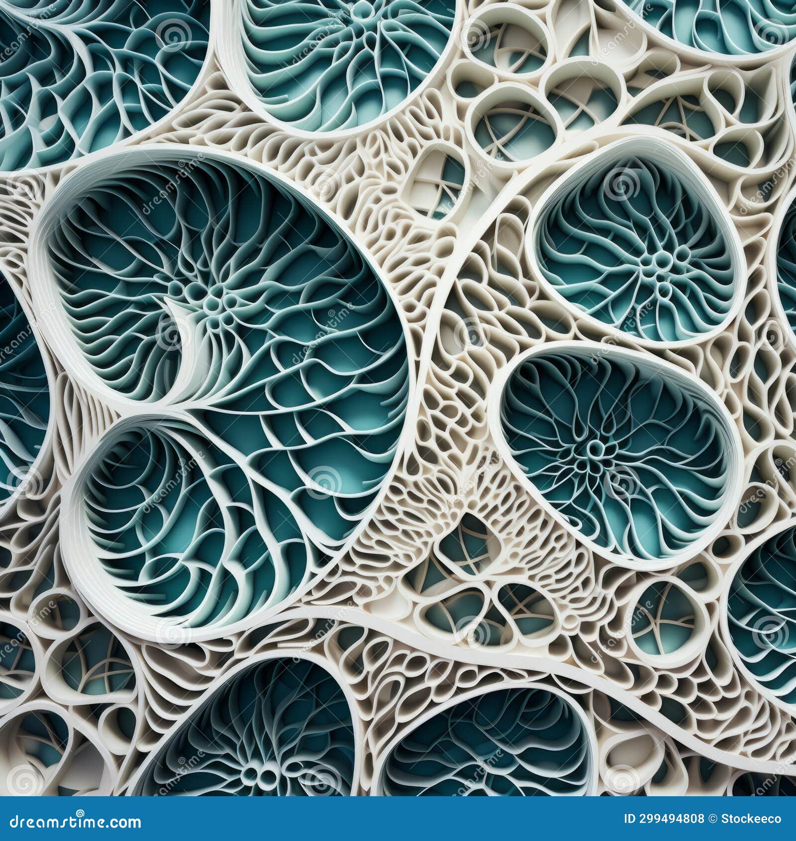 intricate 3d bio-art: dark white and cyan modular patterns