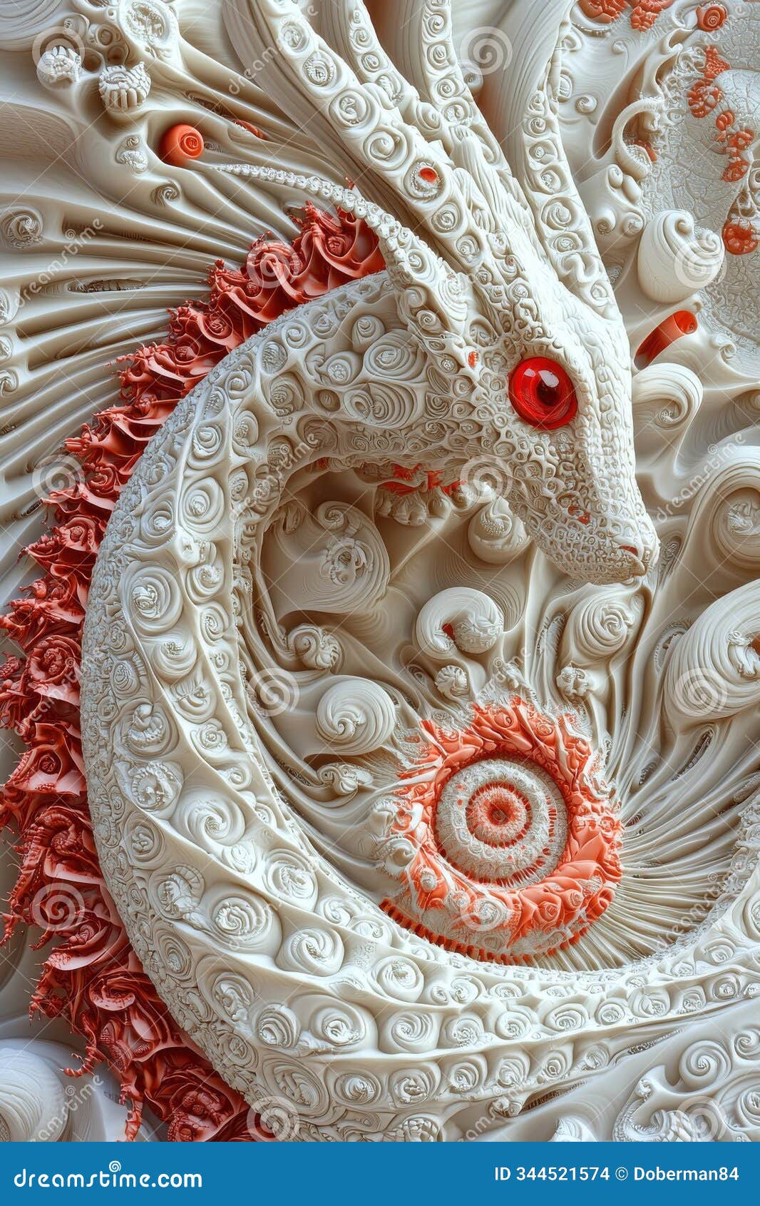 intricate fractal spiral  in red and white with abstract patterns