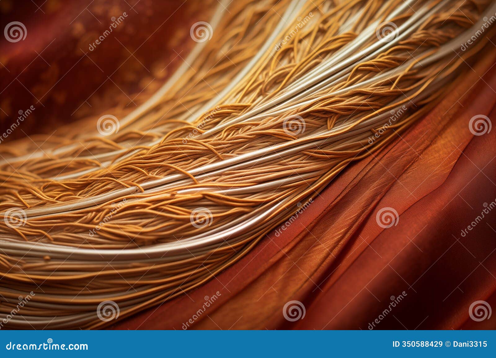 intricate golden fiber weave on rust-colored fabric