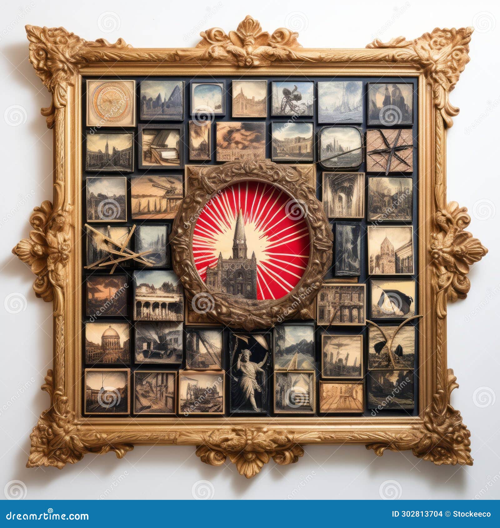 intricate red picture frame inspired by matthias jung with american revolution events