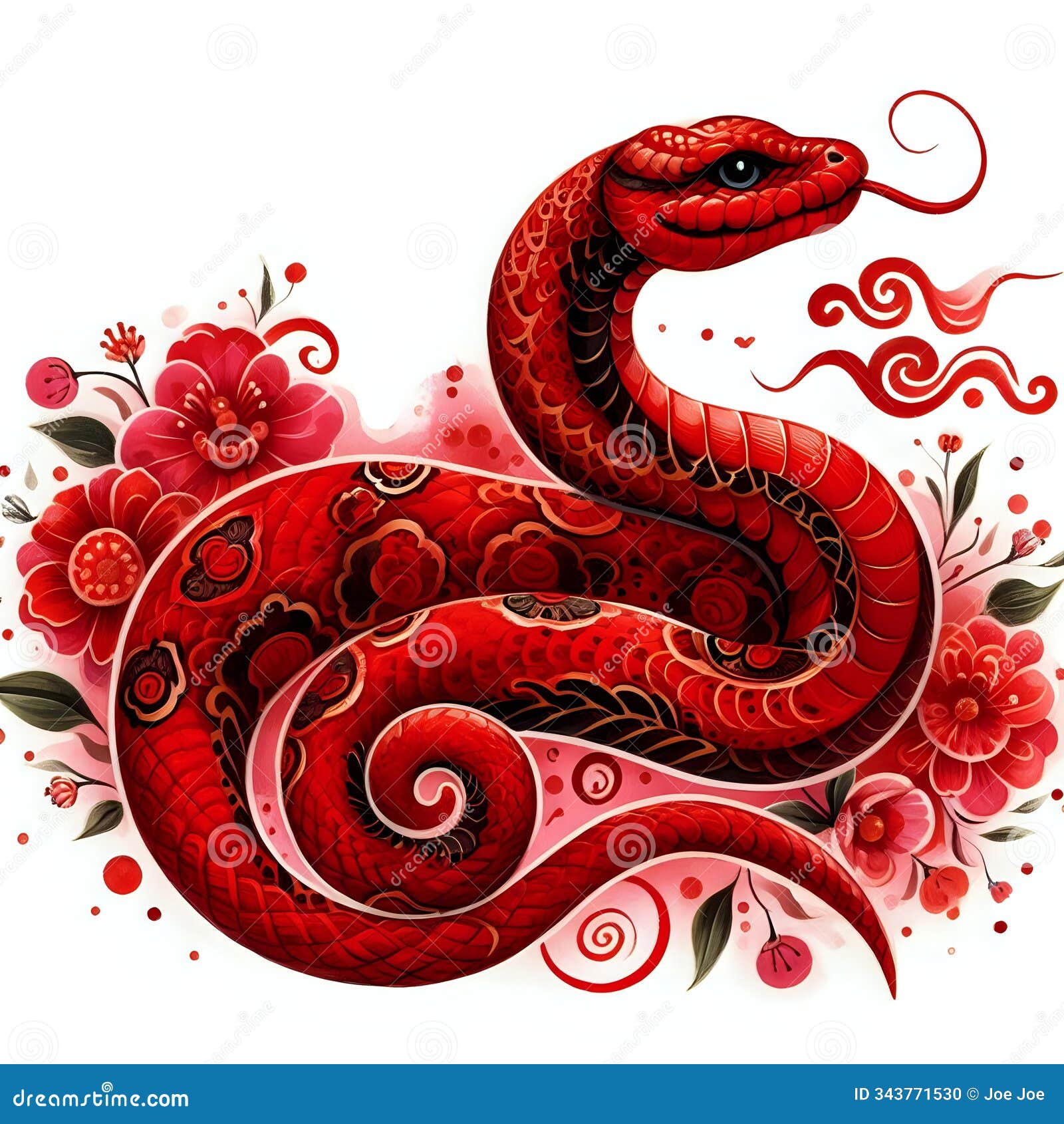 intricate red snake with floral s and lantern